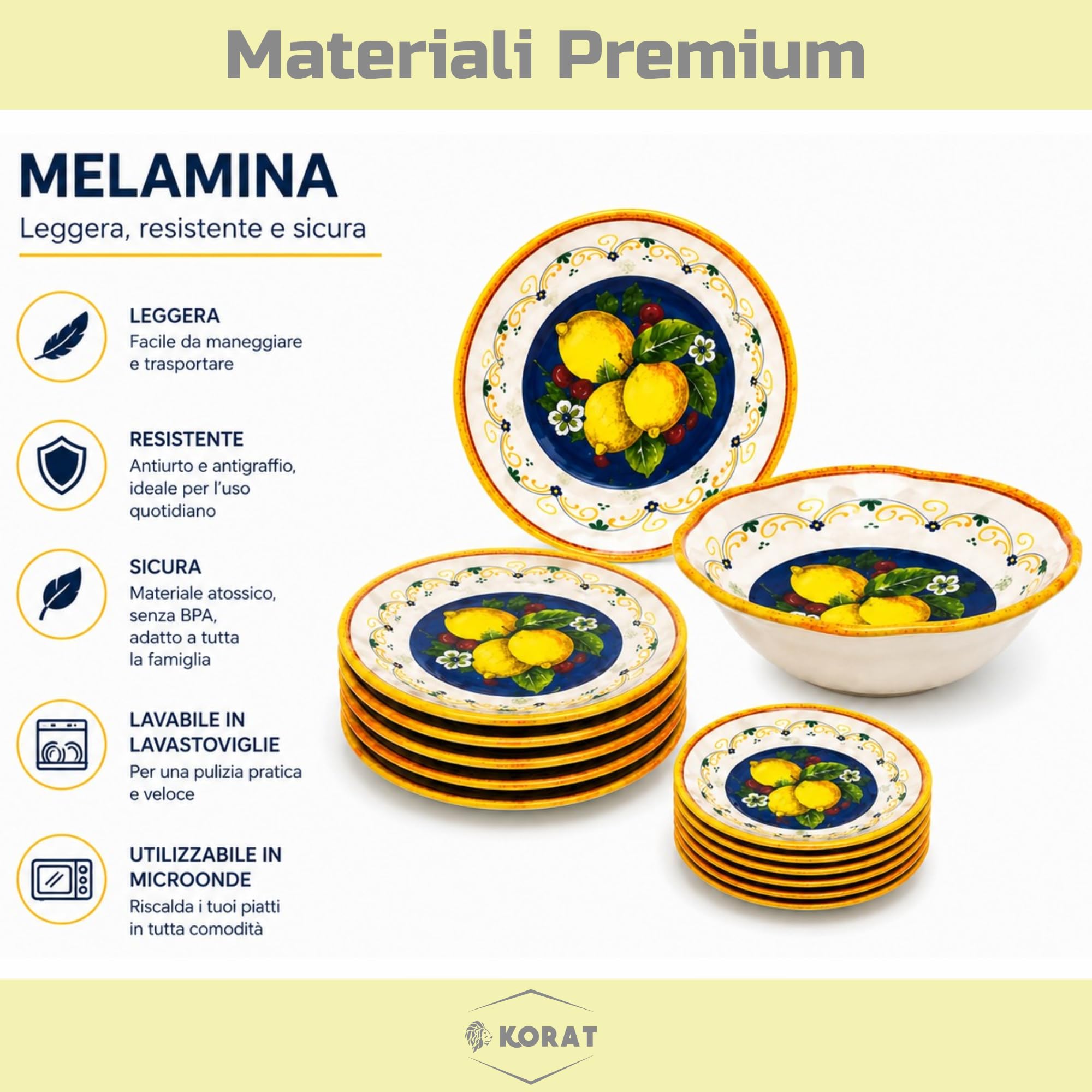 KORAT - Set Piatti in Melamina 13 Pezzi Fantasia Limoni Mediterranei, Servizio Tavola per 6 Persone con 6 Piatti Piani 28 cm, 6 Piatti Dessert 22 cm e Insalatiera 30 cm, Leggeri e Resistenti