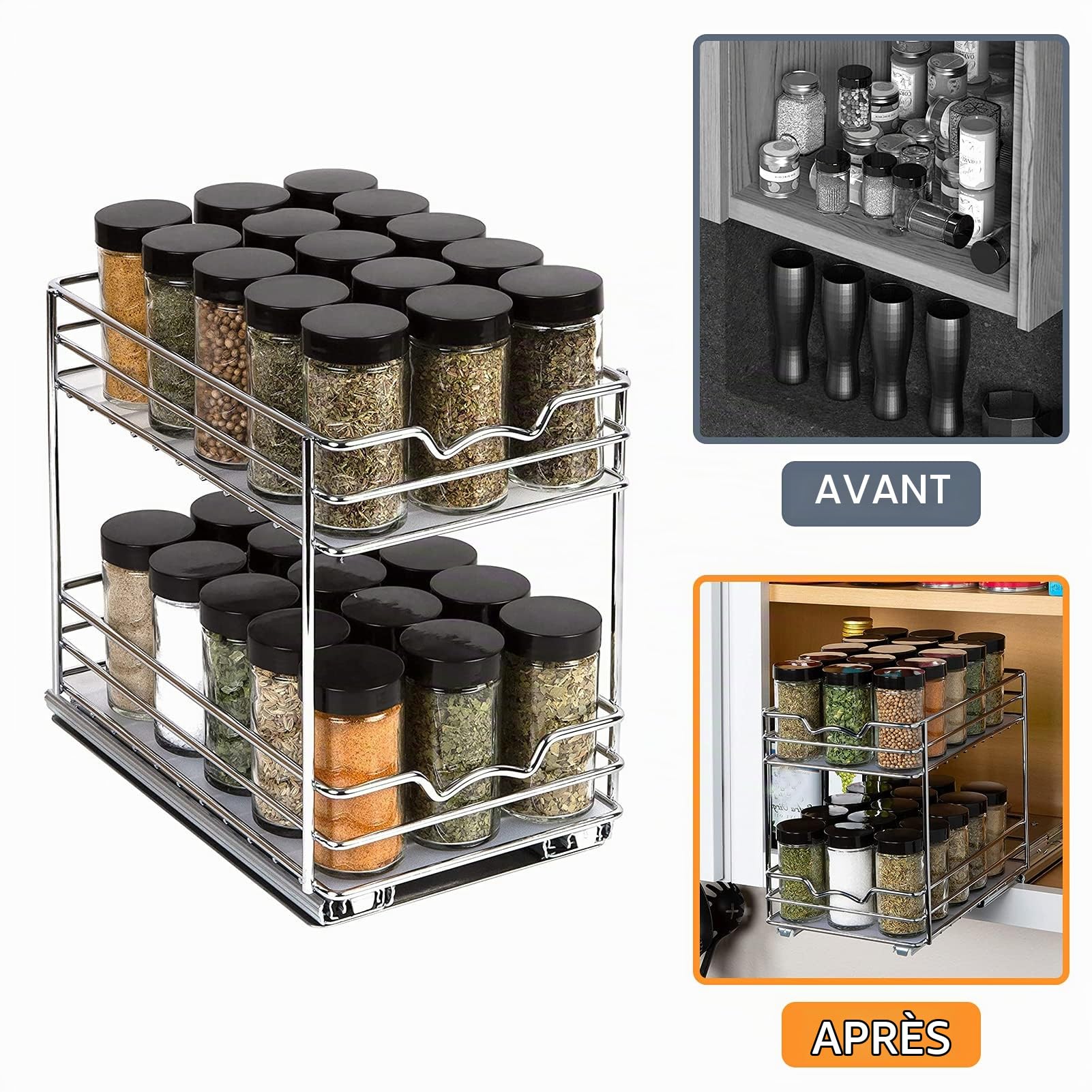 Support à épices vertical en métal à double couche,accessoire rangement cuisine, Epices pots rangement amovible pour cuisine avec rail coulissant (28 * 13 * 26cm)