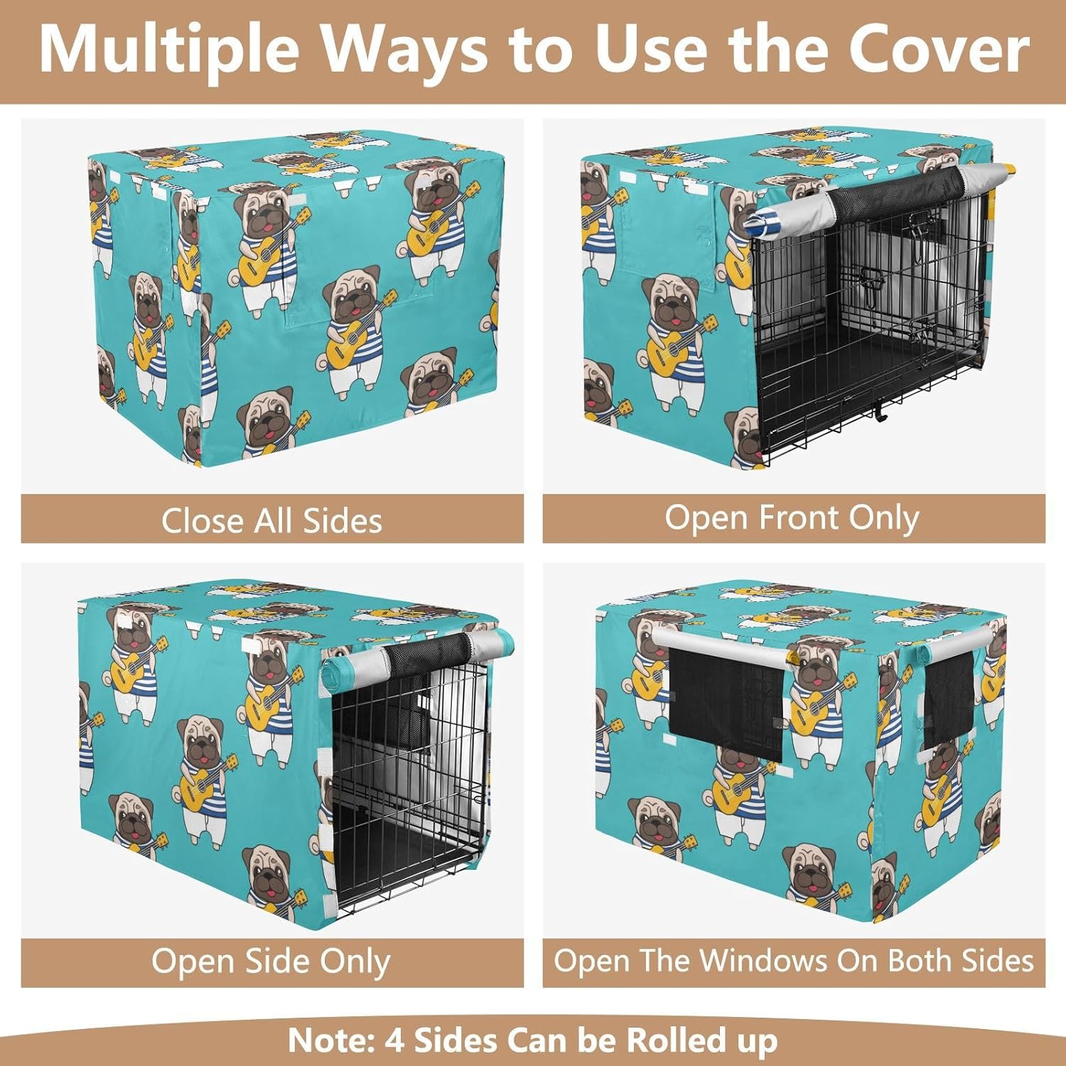 Pug Playing Guitar Pet Kennel Cover with Mesh Windows, Breathable Dog Create Cover, Large
