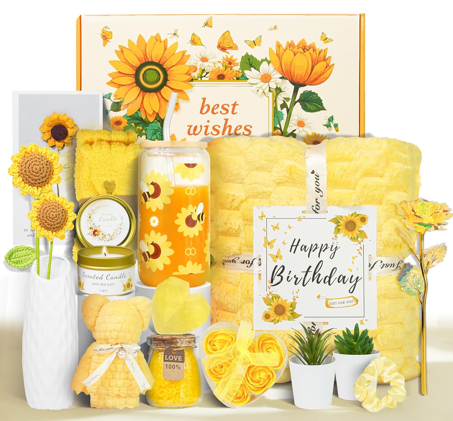 birthday gifts for women, 17pcs relaxing spa gifts set for girls, sisters, mom, sunflower self-care package, sending sunshine get well gifts for women, perfect basket for valentine's & mother's day