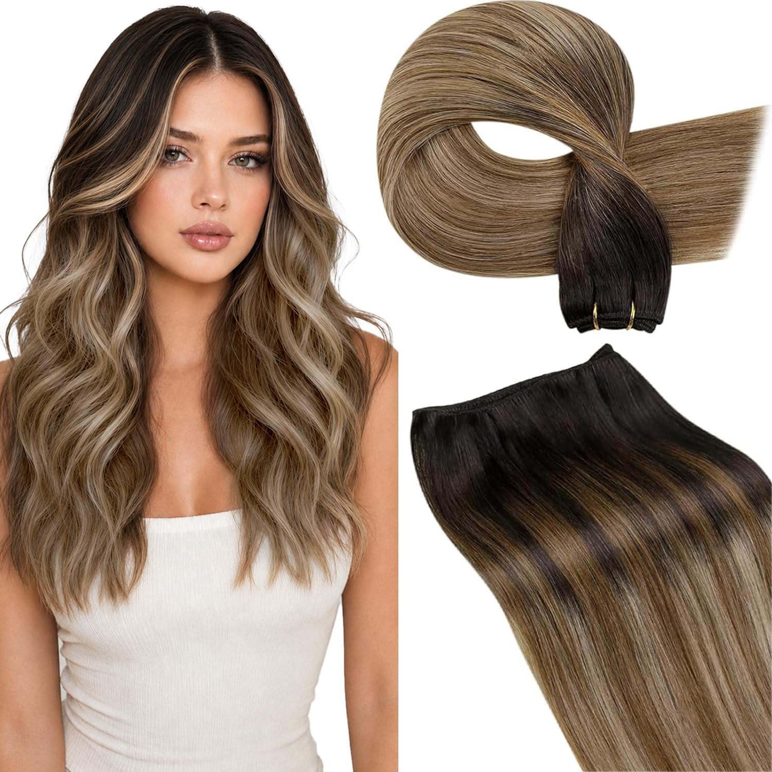 LaaVoo Extension Capelli Veri Tessitura Castano Scuro a Biondo Sporco, Remy Umani Lisci, Morbidi e Setosi, Perfetto per Sposa e Matrimonio, 35 cm 80 g #2-6-18