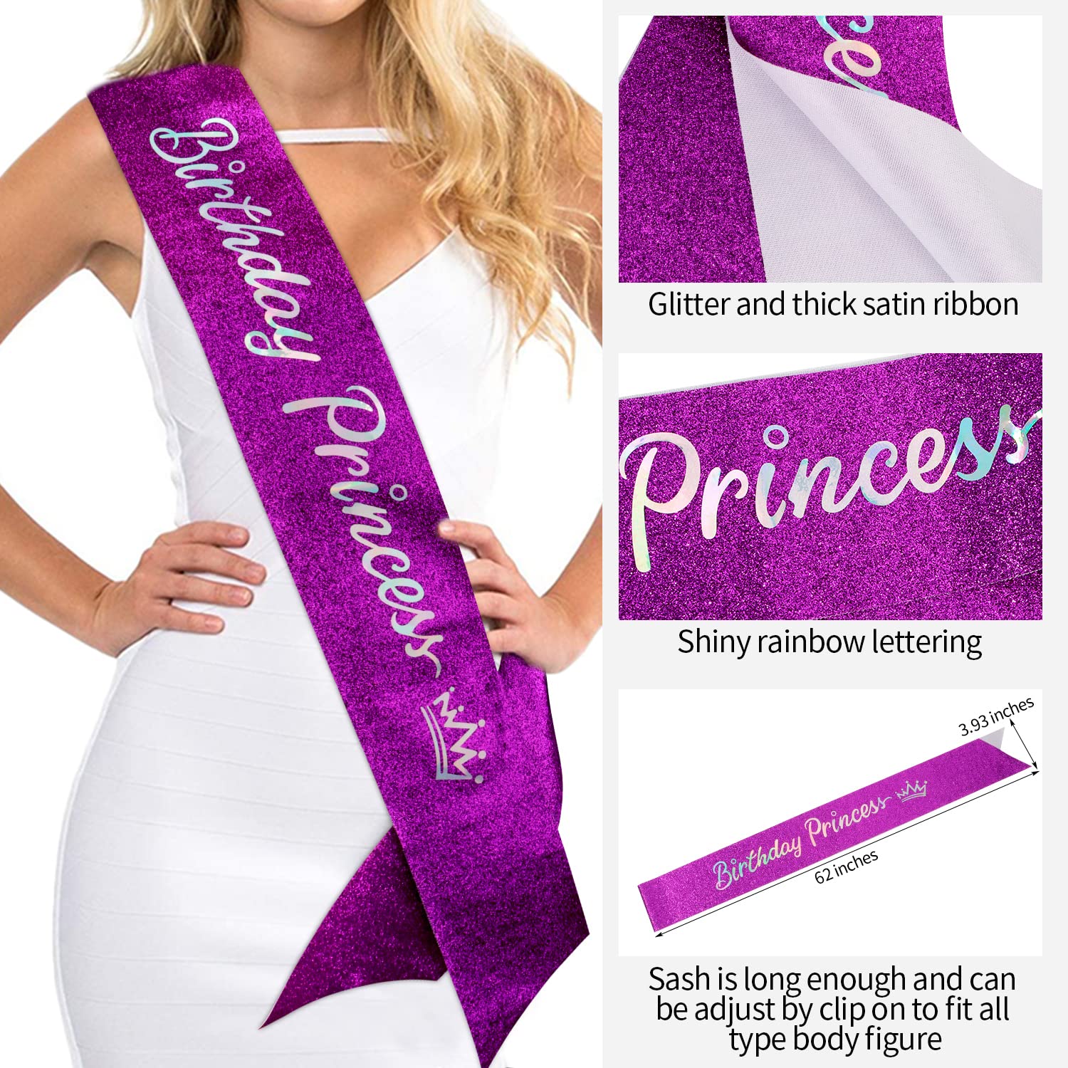 SuPoo Purple Birthday Sash and Crown Kit - Princess Tiara With Comb, Glitter Sash for Women, Crystal Headband for Girls - Happy Birthday Decorations Gifts - Image 5