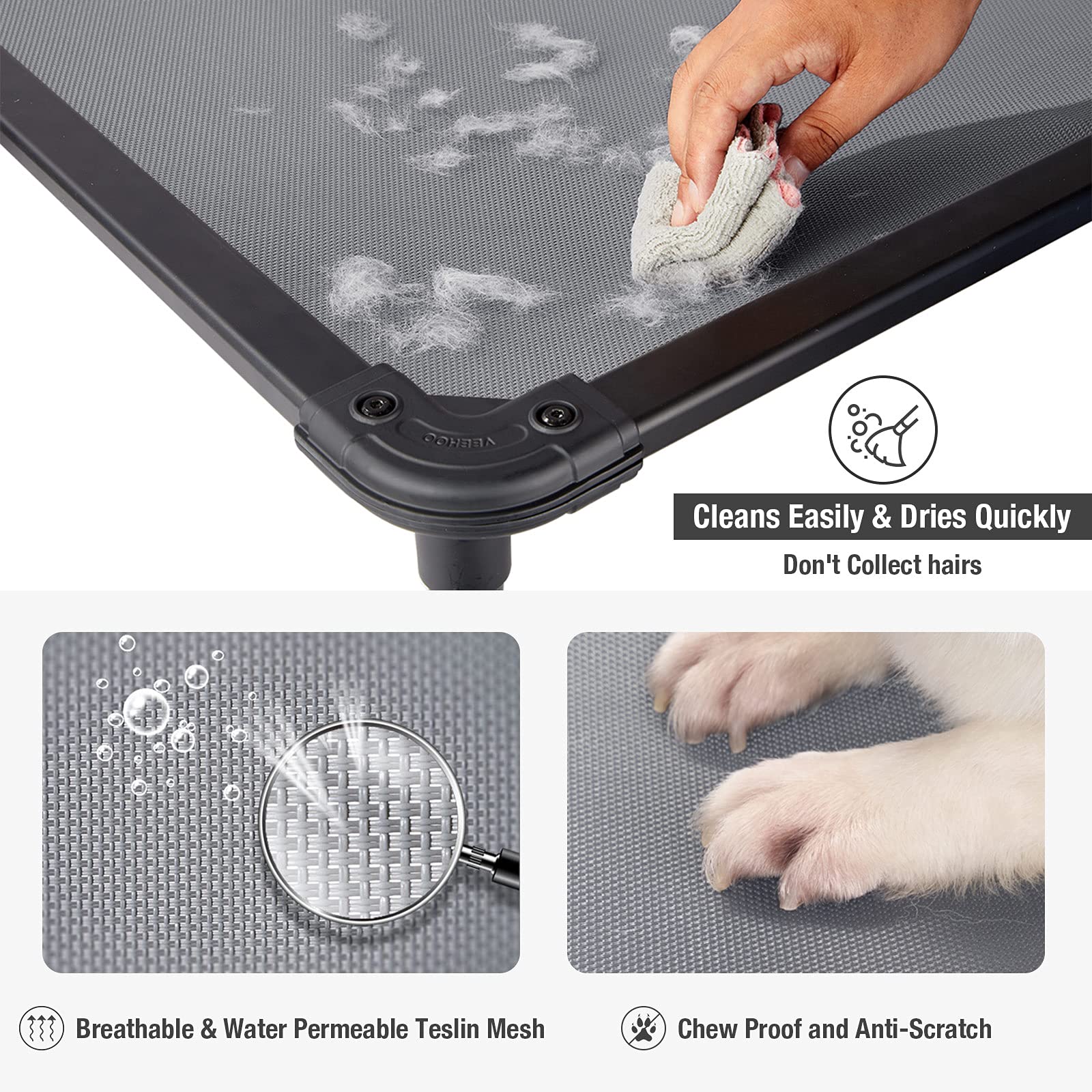 Veehoo Chew Proof Elevated Dog Bed - Cooling Raised Pet Cot - Rustless Aluminum Frame and Durable Textilene Mesh Fabric, Unique Designed No-Slip Feet for Indoor or Outdoor Use, Gray, X Large