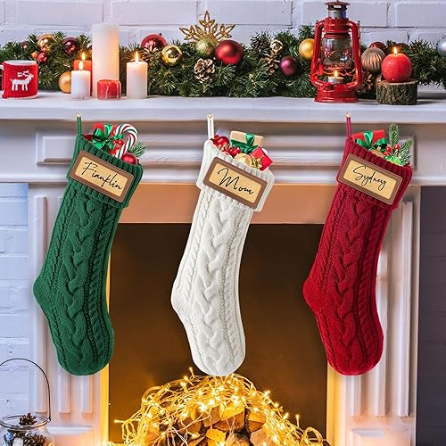 Miniatura 5 de steo spce Calcetines de Navidad personalizados con parches de cuero, medias de Navidad familiares con nombre, medias de Navidad grandes de punto de