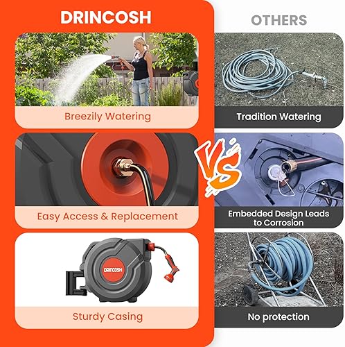 Miniatura 5 de Manguera de jardín retráctil de 3 generación de 100 pies x 12 pulgadas, carrete de manguera montado en la pared, giratorio de 180, retorno lento