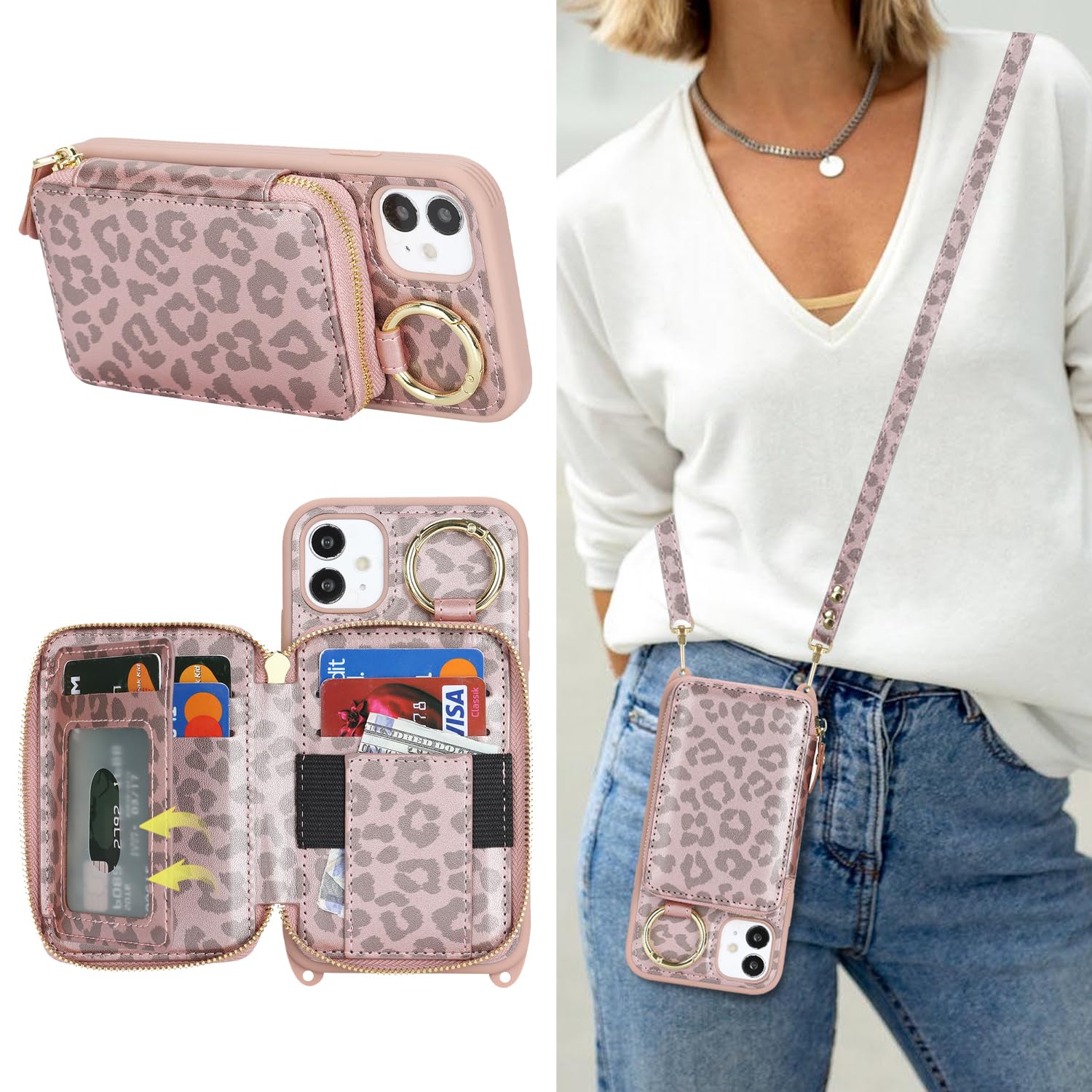 Crossbody Wallet Case for iPhone 11-Pink Leopard