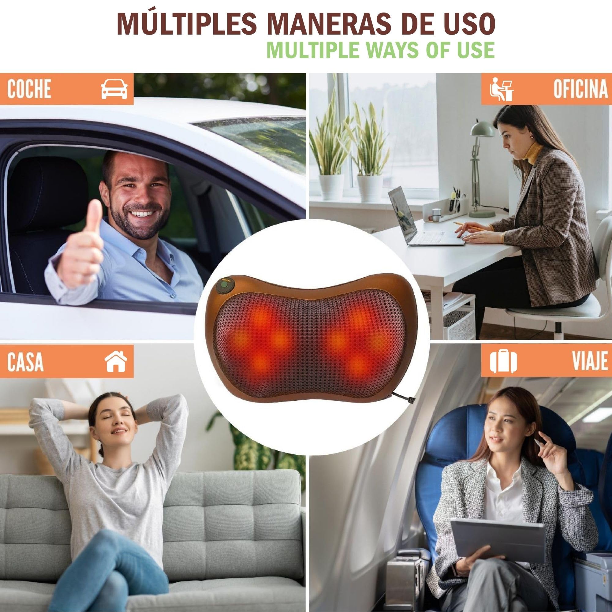 Masajeador Cervical y Espalda. Cojín Eléctrico con Calor y una Funda Extra (Marrón) - Almohada Cervicales y Cuello, Masaje Shiatsu Bidireccional con 8 Rodillos, Ideal para Casa, Oficina, Coche o Viaje