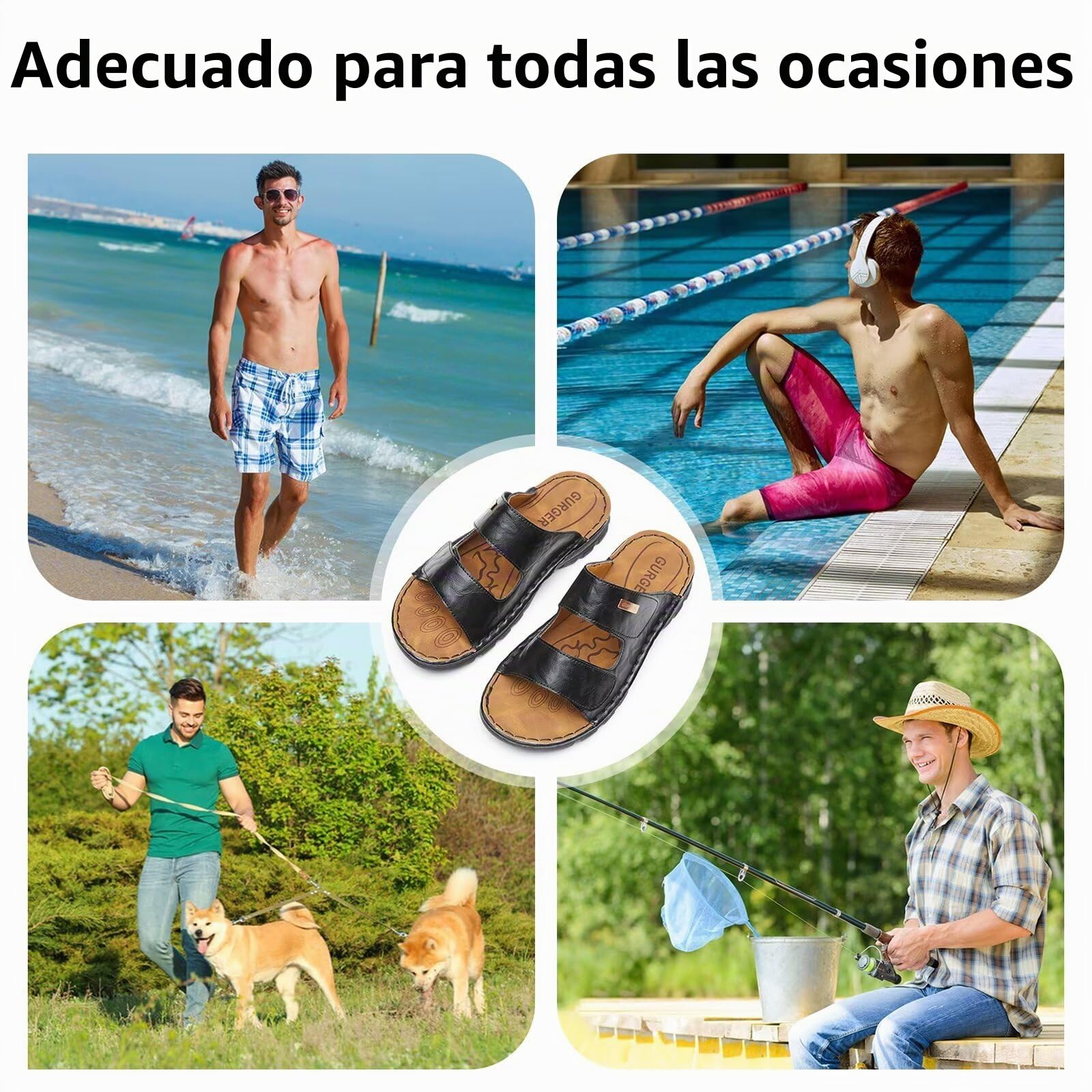 Sandalias Hombre de Piel con Doble Ajuste, Chanclas Hombre Cómodas y Transpirables, Mules de Verano Antideslizantes para Playa, Casa, Paseo y Vacaciones