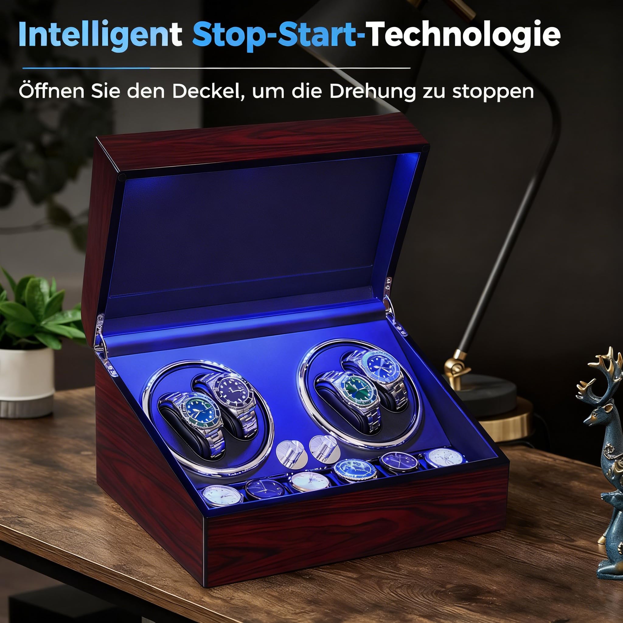 ANWBROAD Uhrenbeweger für Automatikuhren 4 Uhren+6 extra Speicherplätze 4 Drehmodis mit super leisem Mabuchi Luxuriöser Automatik Uhrenbeweger Watch Winder Uhrendreher USB-Aufladung JWW002R