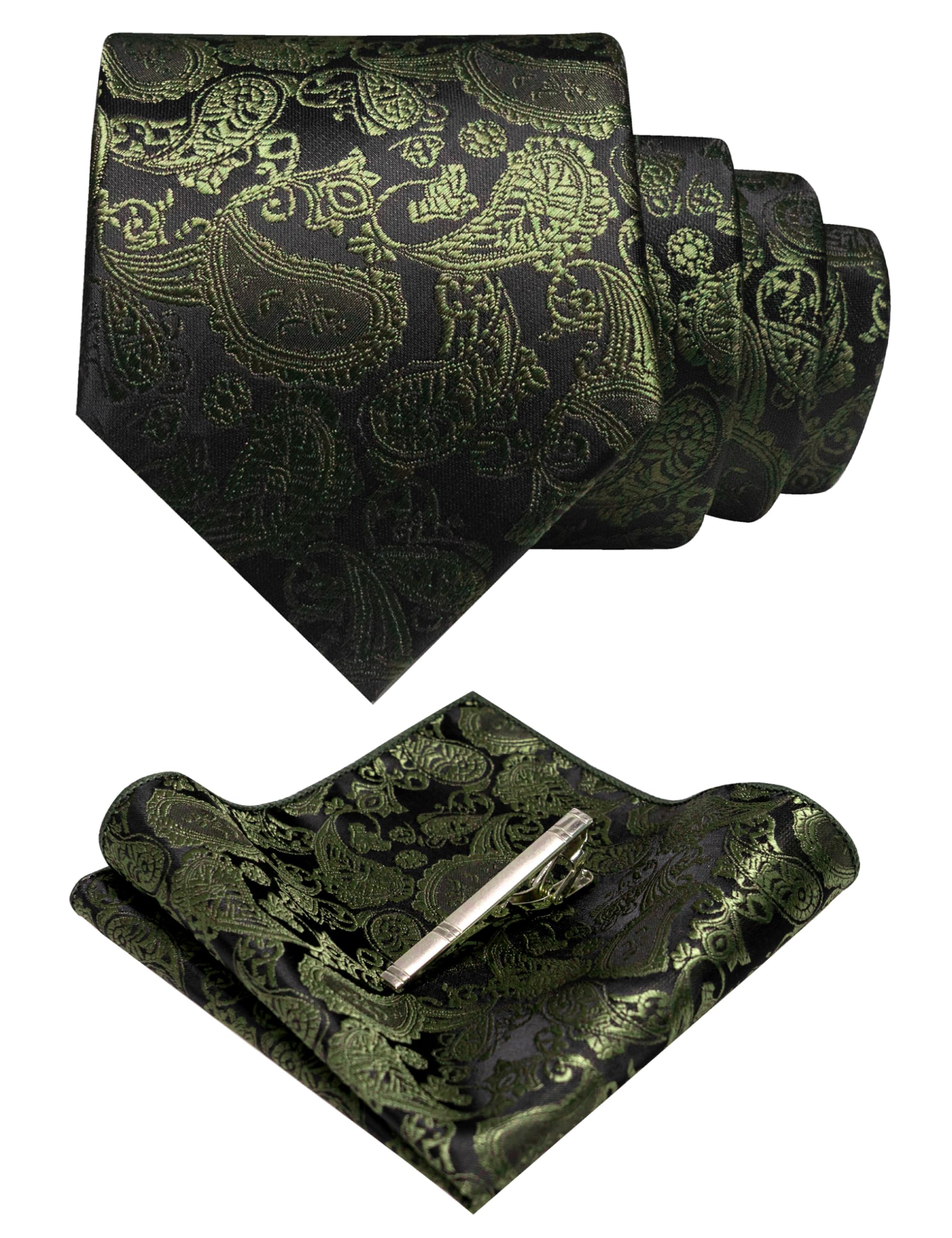 JEMYGINS Mens Solid Color Paisley Necktie and Pocket Square with Tie Clip Sets