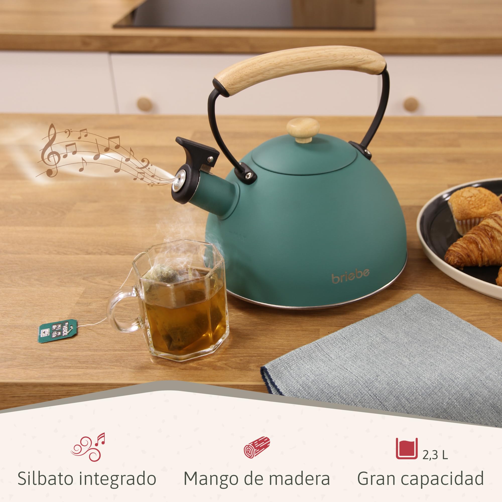 briebe Nordic Set Tostadora Pan Ranura Ancha 2 Rebanadas, 6 Niveles Tostado + Tetera Silbante 2,3 L Infusiones, Acero Inoxidable, Inducción, Libre BPA, Pack Desayuno Diseño Nórdico Verde