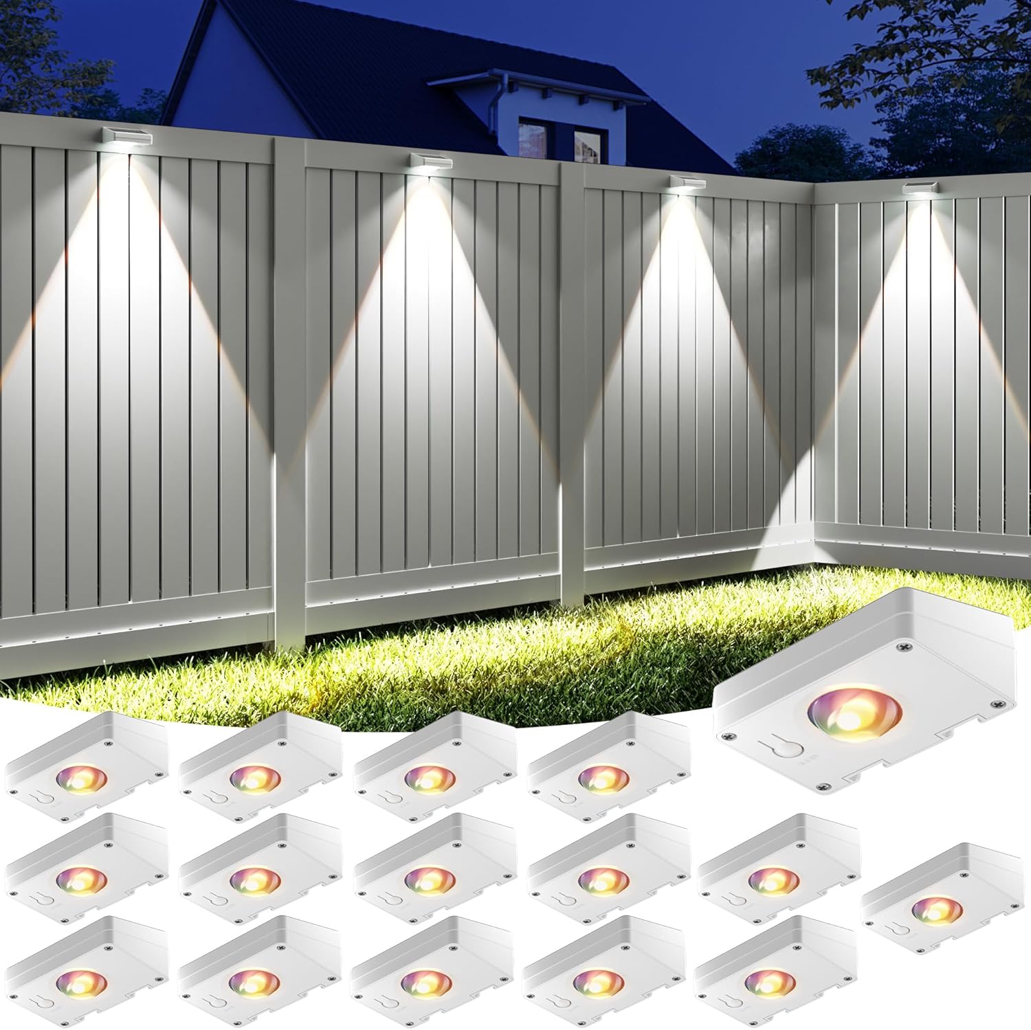 VOLISUN Solar Fence Lights, Fence Lights Solar Powered, IP65 Waterproof LED, RGB Color Changing Solar Light for Fence, Yard, Wall, Backyard (16 Pack, White)