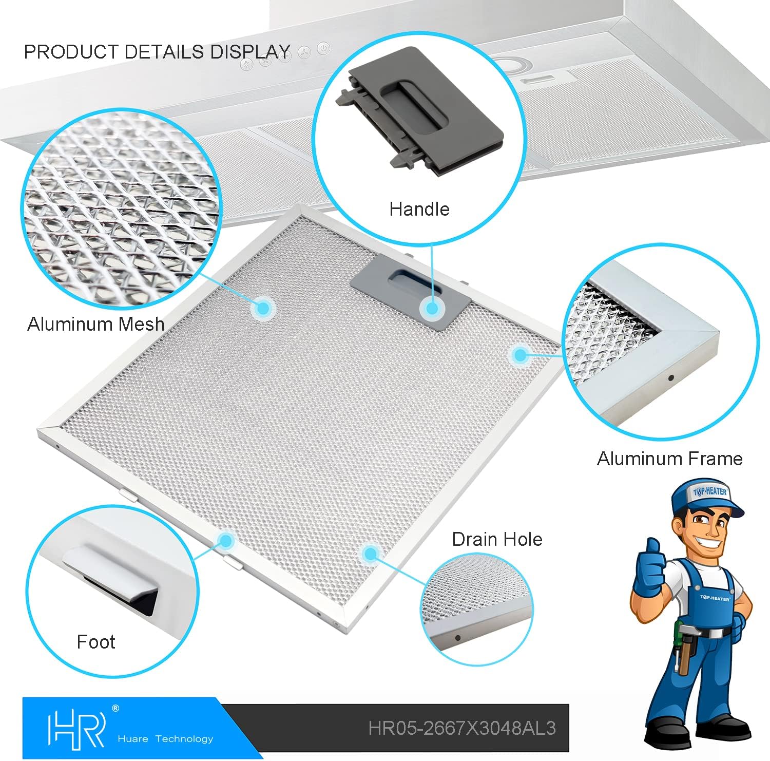 Upgraded W10169961A Range Hood Filter Replacement, Fits Whirlpool, Ikea, Kitchen Aid, Jenn Air, Aluminum Mesh Hood Grease Filter 10.5x12Inch, HR Huare Technology Aluminum Range Hood Vent Filters,2PCS