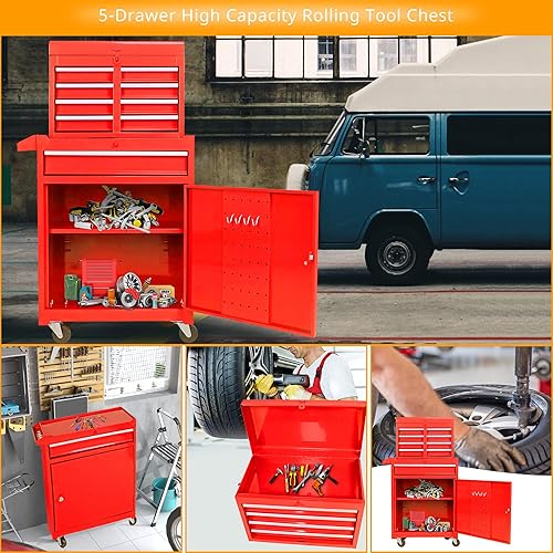 Miniatura 6 de Cofre de herramientas rodante de alta capacidad de 5 cajones con ruedas, armario de almacenamiento de herramientas con cajones con cerradura, gran