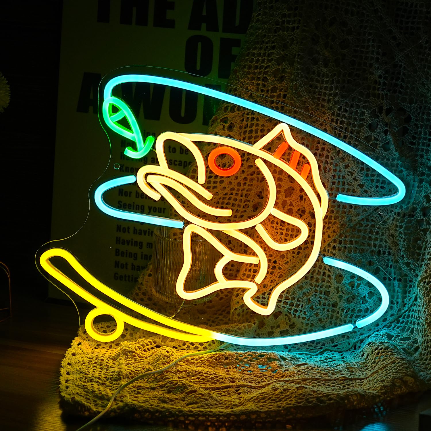 Fishing Neon Sign Dimmable Fish Neon Light for Wall Decor LED USB Powered Fishing Hook Lights for Fishing Gear Store Yacht Man Cave Living Room Boys Gifts(Multicolor 15.7‘’*12.4‘’?