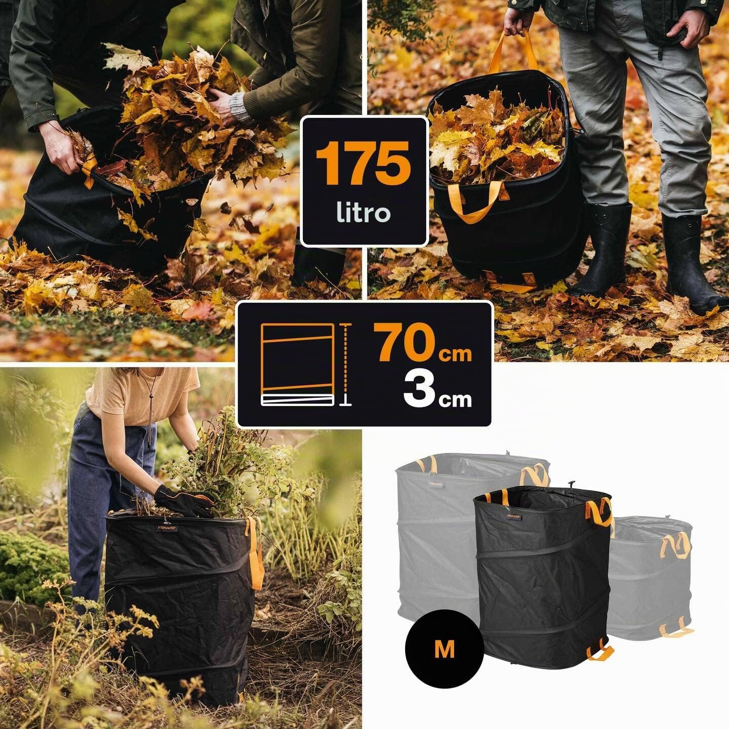 Fiskars Sacco da giardino PopUp con maniglie, Pieghevole per risparmiare spazio, Capacità: 175 L, Altezza: 70 cm, Larghezza: 50 cm, Nero/Arancione, Ergo, 1028372