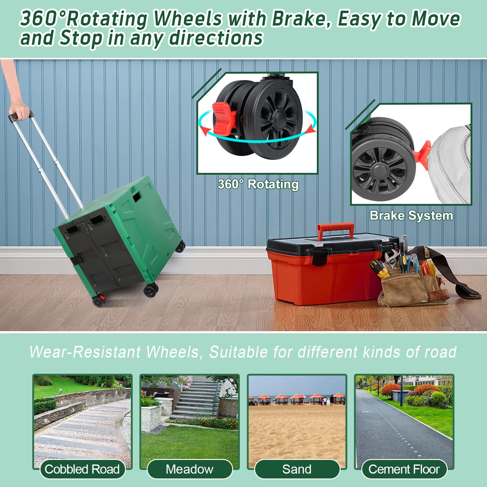 Pieghevole trolley spesa su 4 ruote, Carrello Portaoggetti con Manico Telescopico Regolabile, Cestino Spesa Portatile Resistente da 50 kg con Coperchio per Spesa/Campeggio - Verde/Nero