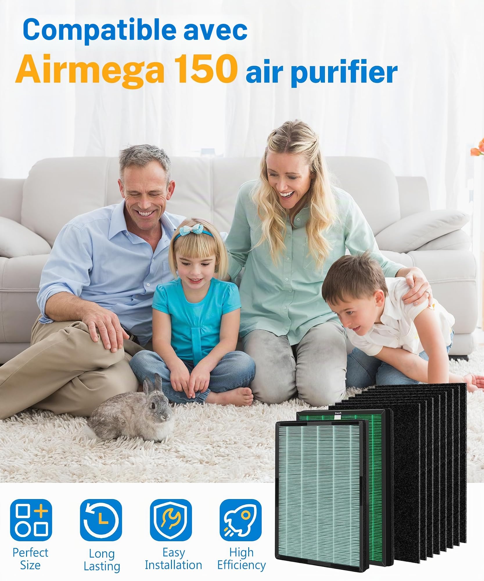 AP-1019C Filtre HEPA de rechange compatible avec Coway Airmega 150 Purifier, 2 filtres Green True HEPA et 8 filtres à charbon actif, numéro de pièce AP-1019C-FP