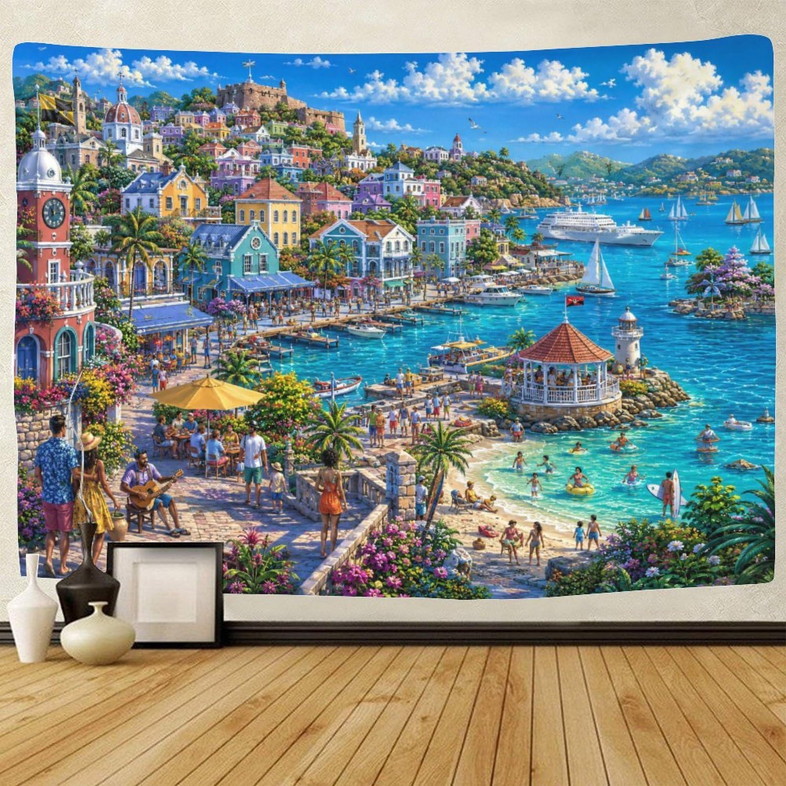 GPMNBCXZK Caribbean Coastal City Wall Art Decor 3D Print Tapestry for Bedroom Tapestries Home Decoration Curtain Living Room Dorm 100cmx150cm