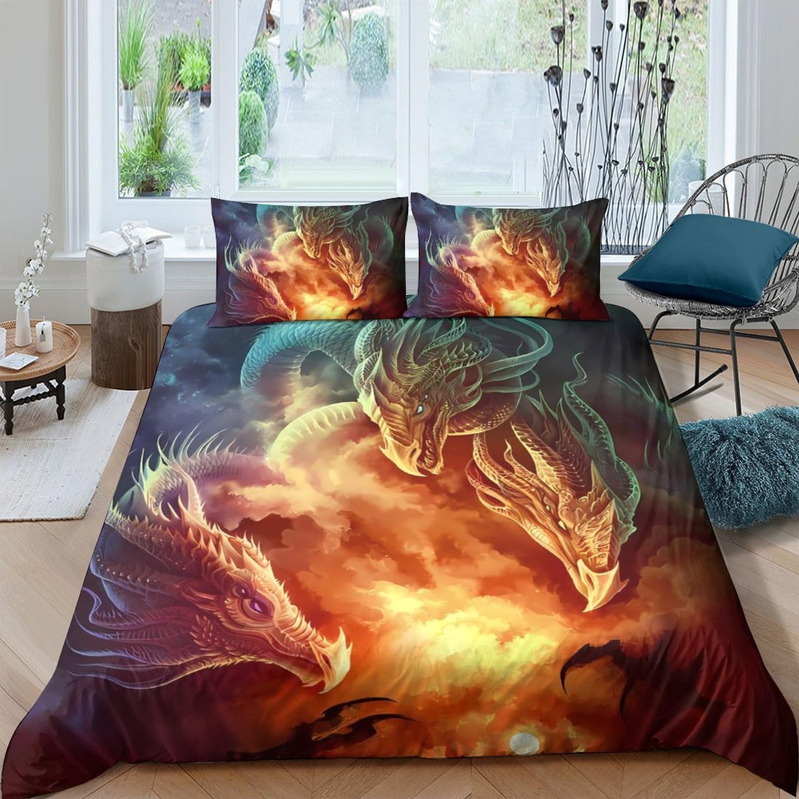 Ctjqhvkz Style-8 3D Printed Fiery Dragon Fitted Sheet Microfiber Soft Anti-Slip Fantasy Fire Mattress Cover For Bedroom Home Decor Single（135X200cm）