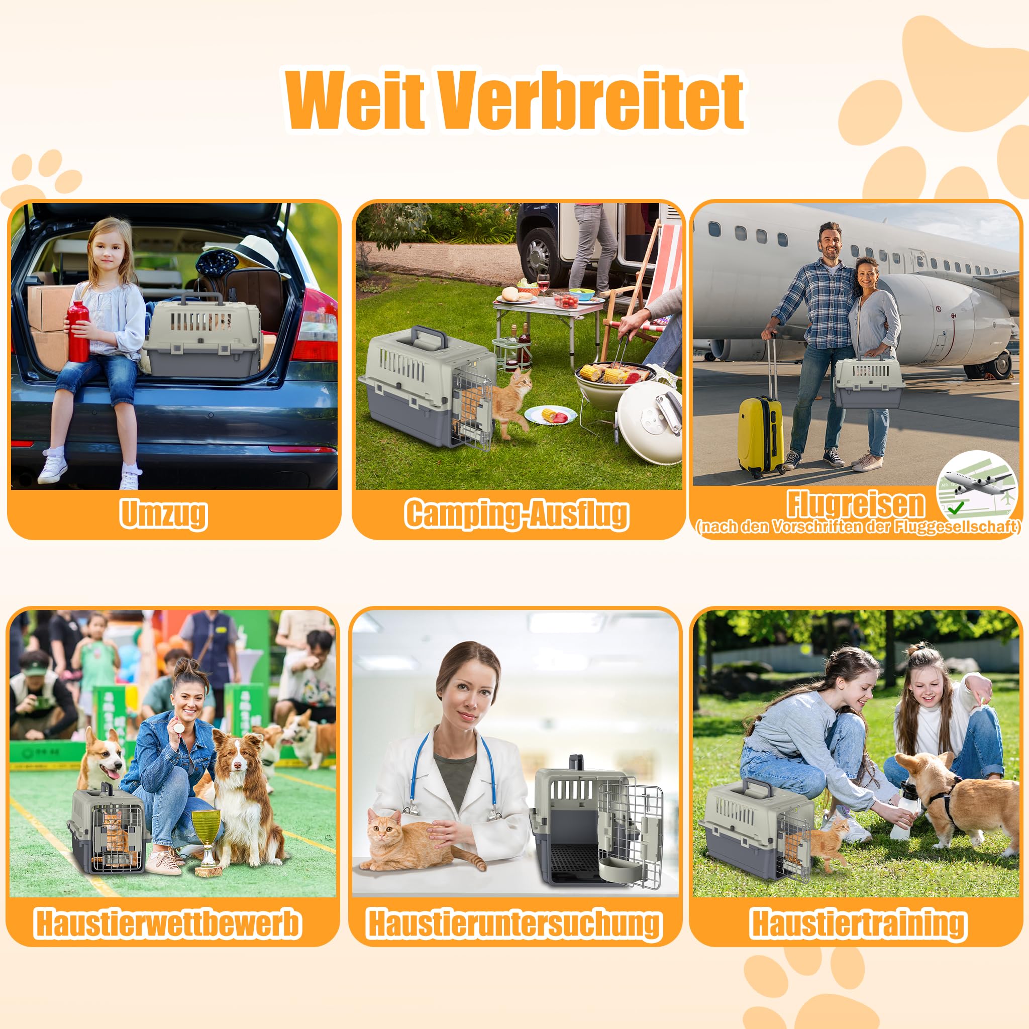 XMTECH Hundetransportbox Transportbox Flugzeugbox für Tiere, Reisebox für Hunde, mit Sicherheitsverriegelung & Lüftungsgitter, L 50 x B 34 x H 32 cm
