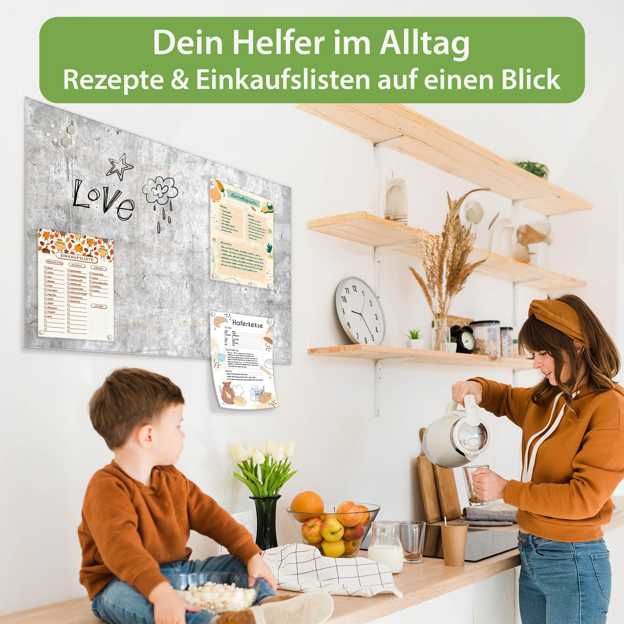 banjado Magnettafel aus Glas in 90x60cm mit Stein- und Betonlook