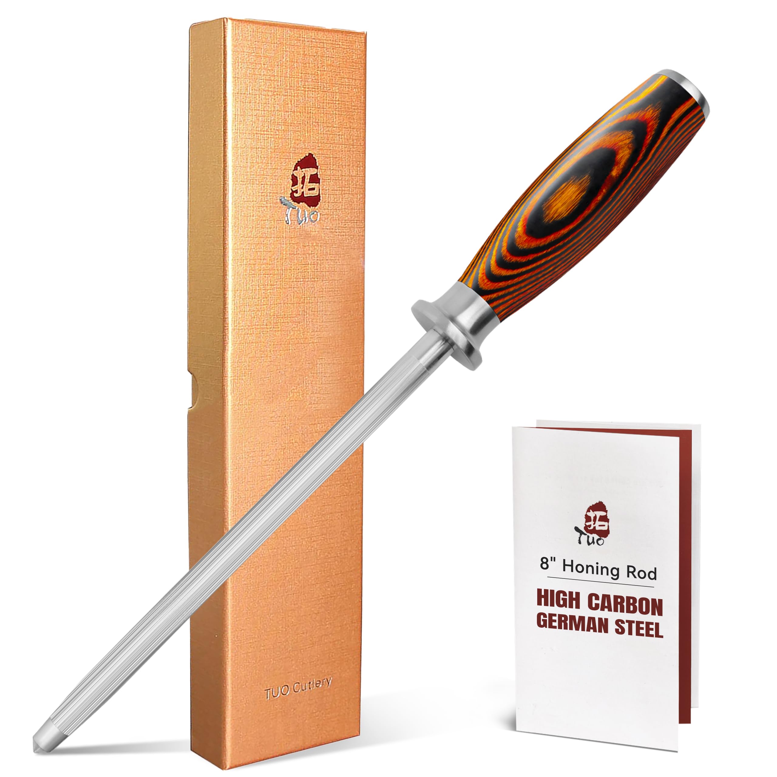 TUO Honing Rod, Sharpening Steel with Larger Diameter for Kitchen Knife Daily Sharpening Maintenance, High Carbon Steel Knife Sharpener Rod, Ergonomic Handle, 8 inch