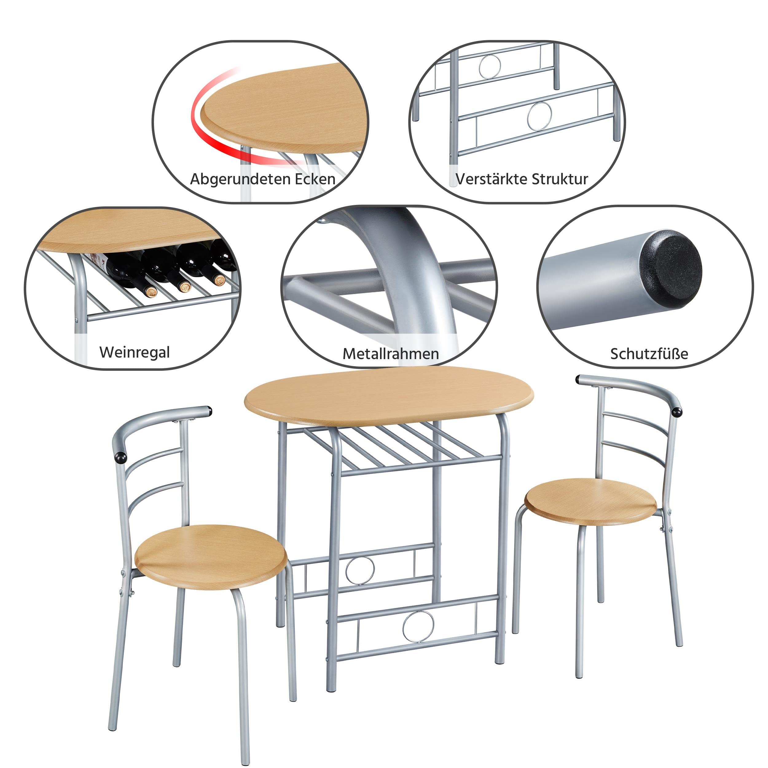 Yaheetech Grupo de Comedor de 3 Piezas, Mesa de Comedor con 2 sillas, Grupo de Asientos para Cocina, Mesa de Madera para balcón, salón, terraza y Bar, Ahorra Espacio, compacta (Color Madera Natural). | Mesa de cocina con estante, estructura de acero para