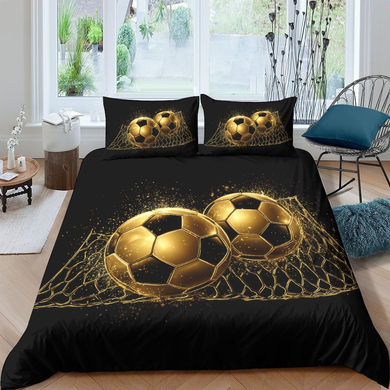 Ctjqhvkz Style-5 3D Printed Golden Football Fitted Sheet Microfiber Soft Black Soccer Bed Cover For Bedroom Guest Room Dorm Mattress Decor Single（135X200cm）