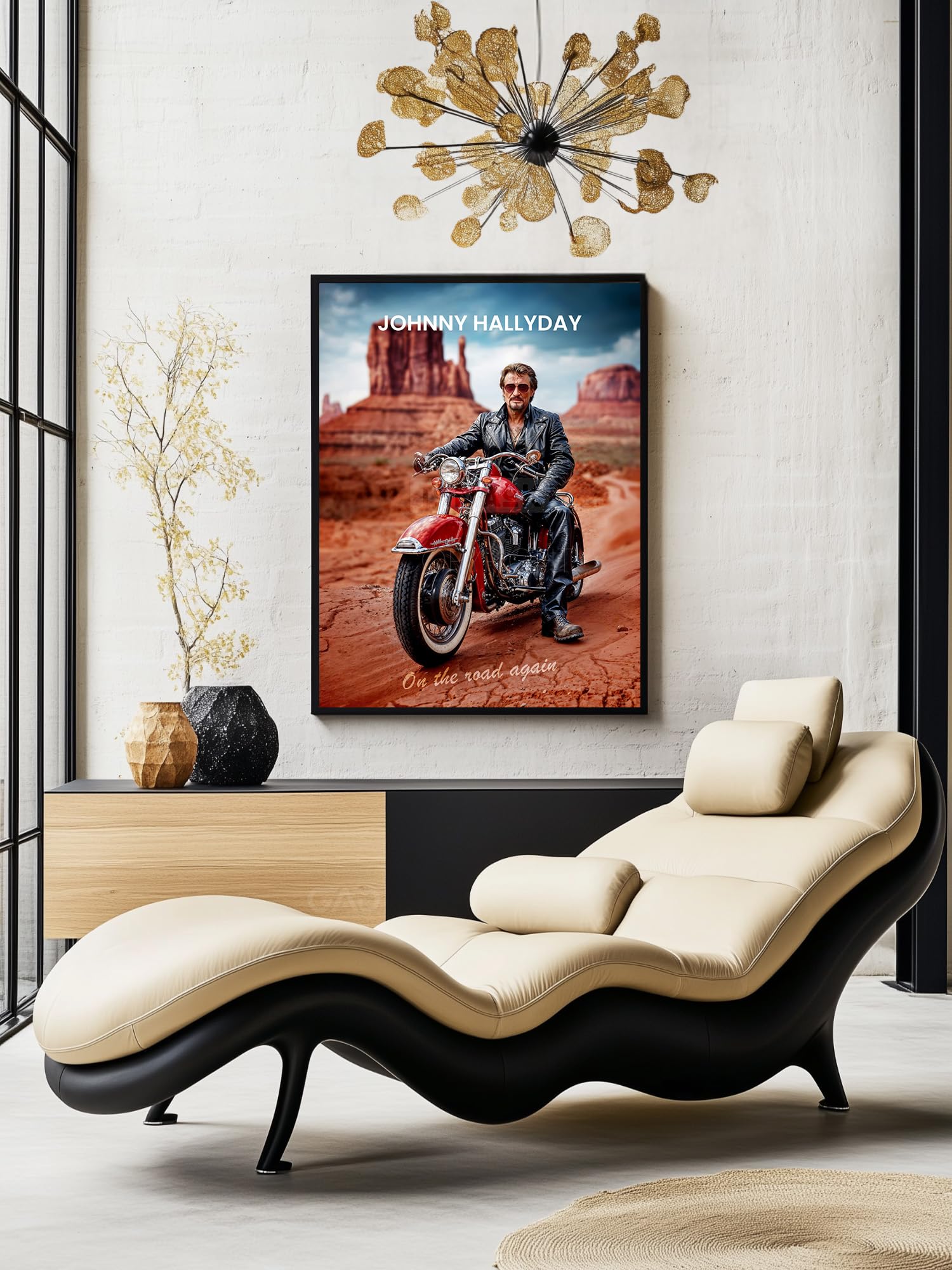 Johnny Hallyday On The Road Again (cornice non fornita) - Quadro digitale Star cantante Rock - Poster Moto Route 66 (60 x 80 cm / 24 x 32 in)