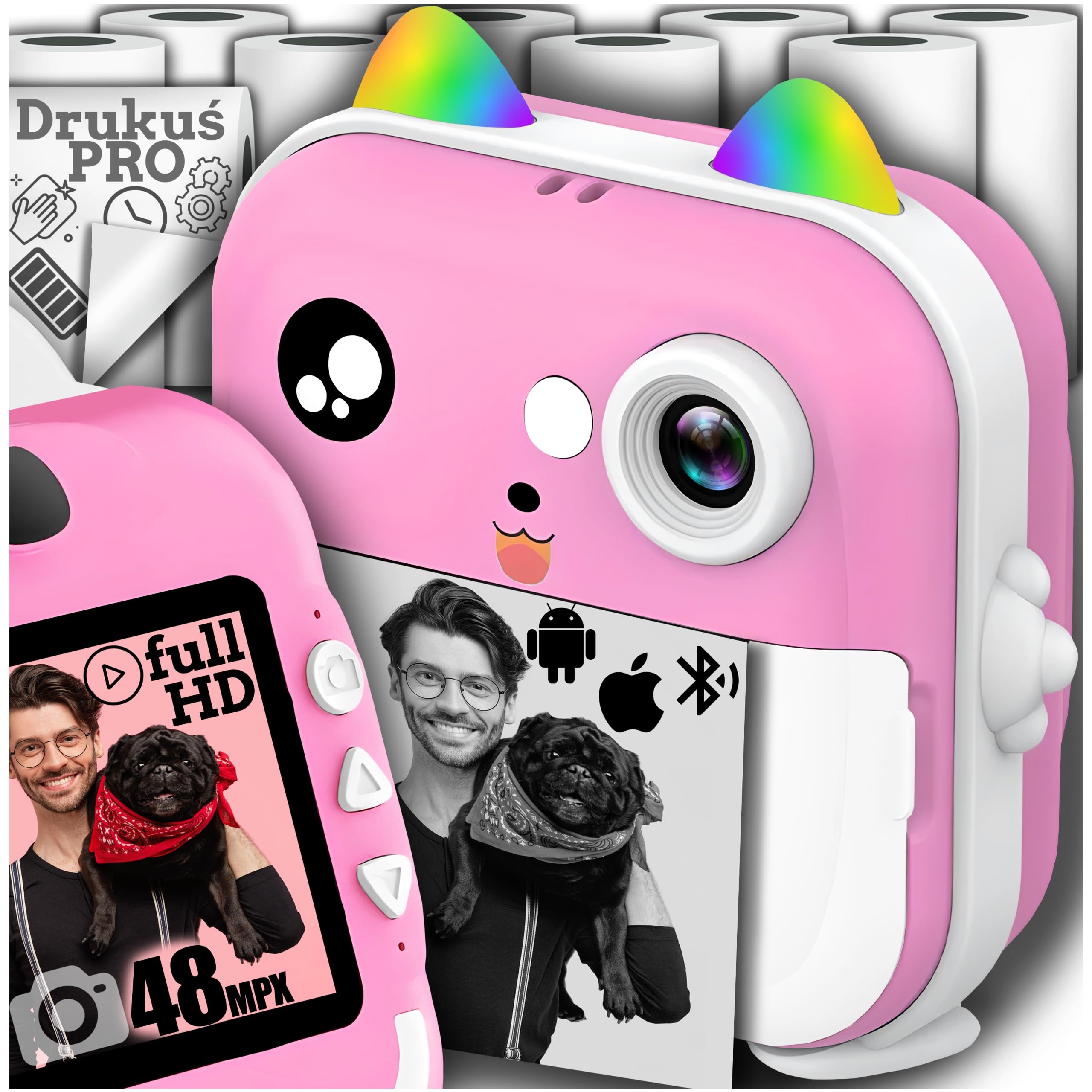 DRUKUŚ PRO MINI DRUKARKA TERMICZNA APARAT NATYCHMIASTOWY + 10 ROLEK GRATIS TERMICZNA DRUKARKA FOTOGRAFICZNA, ETYKIETY, NOTATKI, PAPIER PARAGONOWY, DRUKARKA FOTOGRAFICZNA Z ROLKAMI PAPIERU DO SMARTFONA