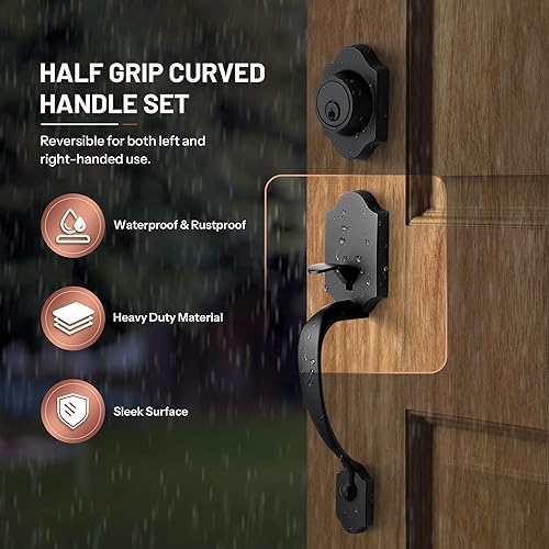 Miniatura 10 de Juego de manijas de puerta delantera resistentes color negro mate, juego clásico de cerrojo y perilla de un solo cilindro, perilla redonda de agarre