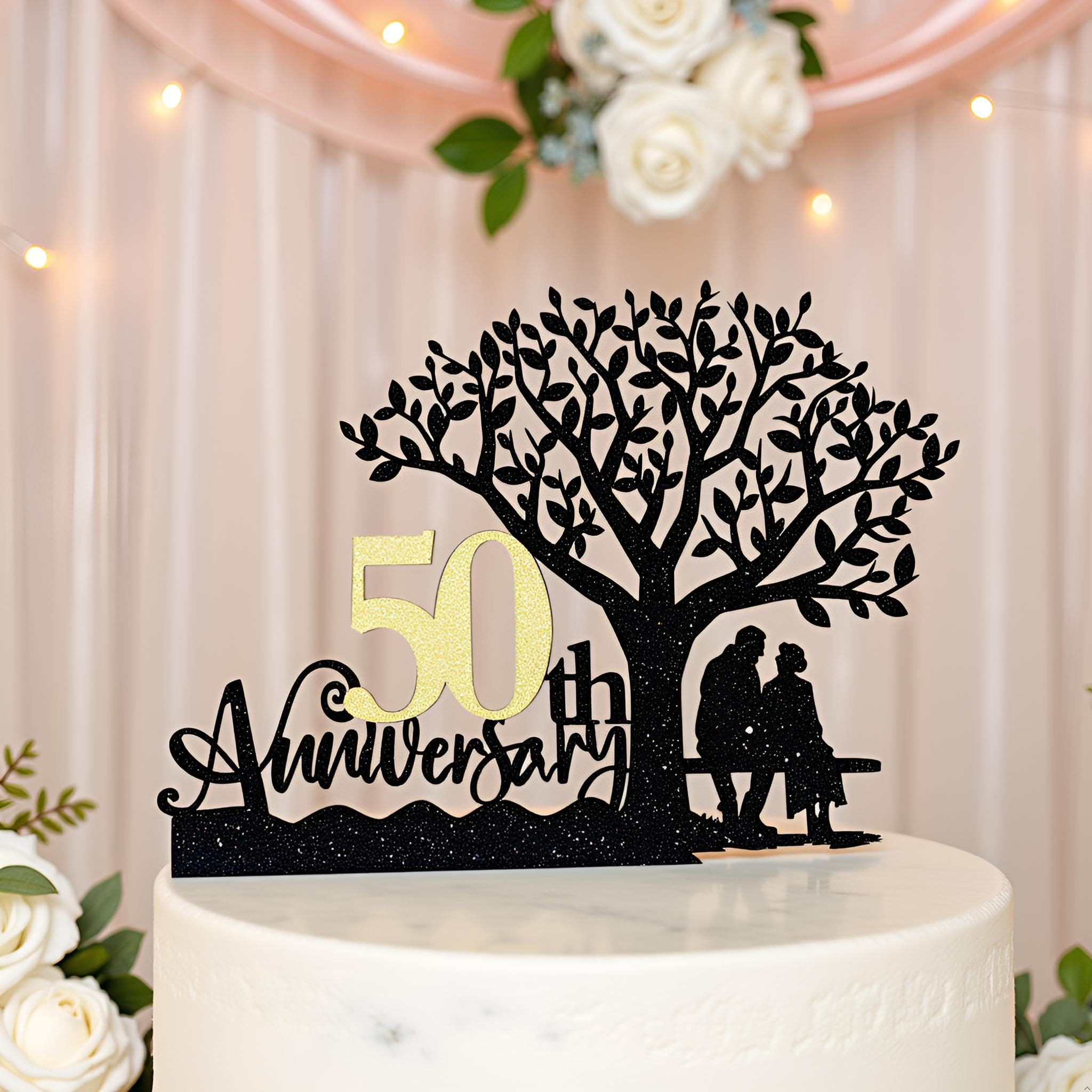 Black Golden Glitter Happy 50th Anniversary Cake Toppers - Wedding Anniversary Party Decorations, 50th Wedding Anniversary, Company Anniversary Party, Birthday Party Decorations (50)