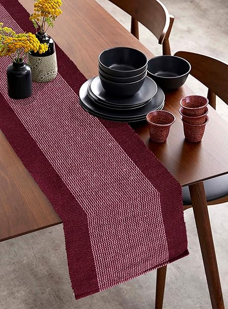 GLEAM 6 Seater Dining Table Runner Machine Washable (Wine & White) 13 x 72 Inch