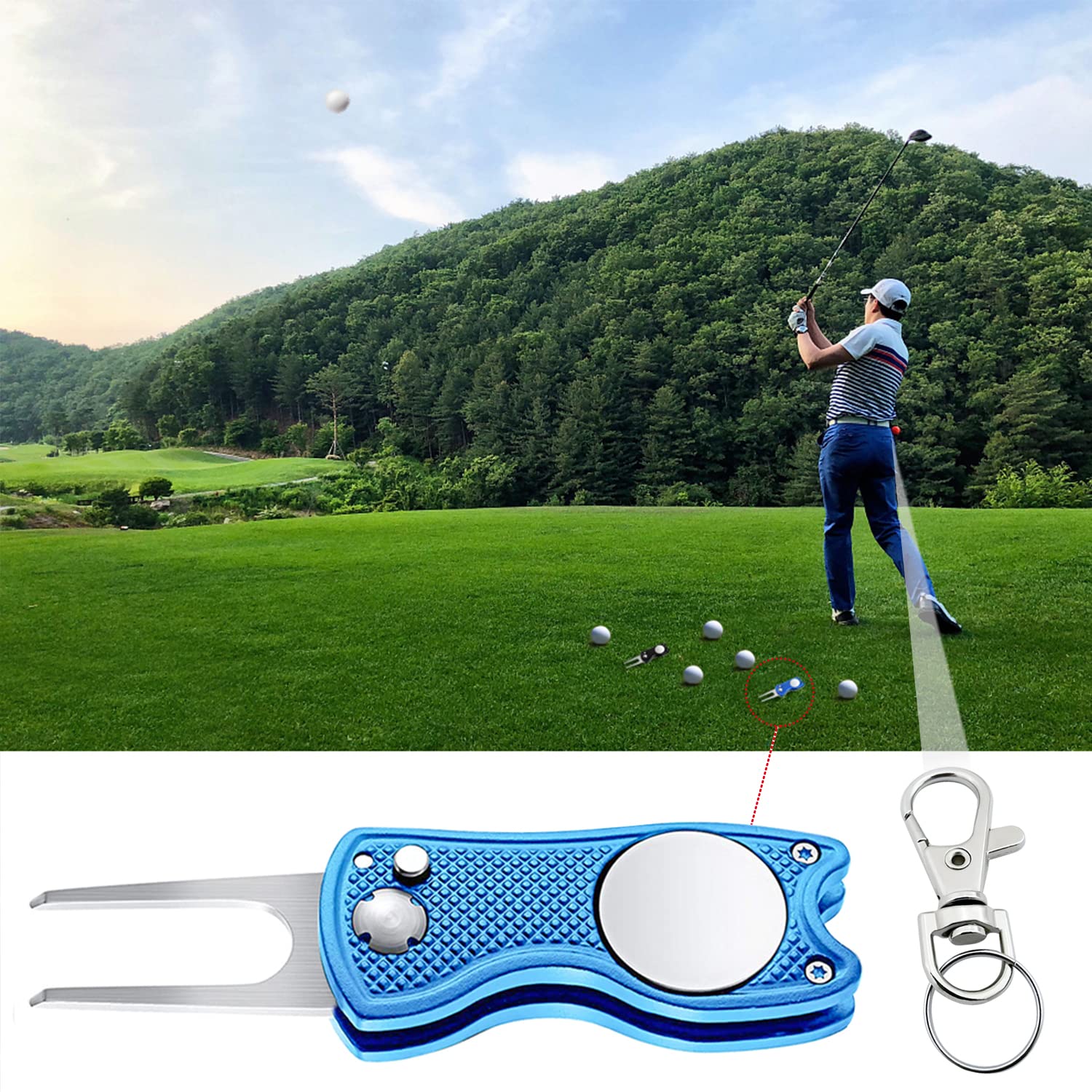 Forchetta da golf 2 pezzi in acciaio inox per riparazione volante con marcatore a palloni