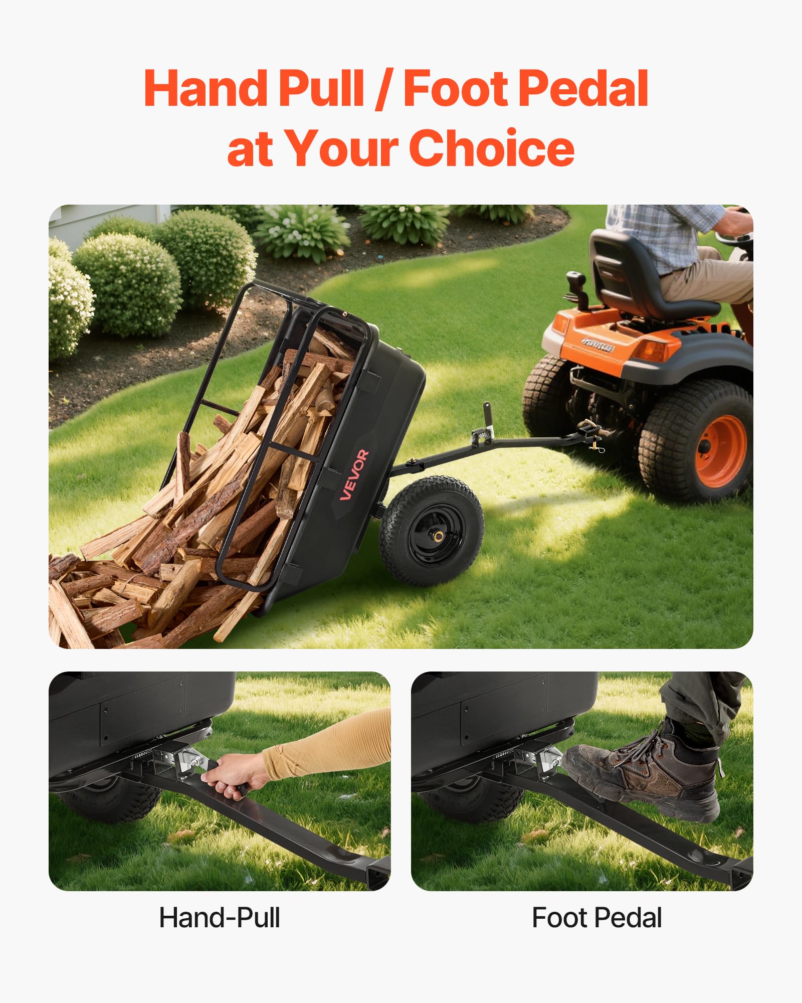 VEVOR Remorque à Benne Basculante, 283 L, Remorque de Tracteur Tondeuse à Gazon Jardin Polyéthylène, Capacité de Charge 226,8 kg, avec Pneus 40,64 cm, Chariot de Transport à Déversement pour VTT, UTV