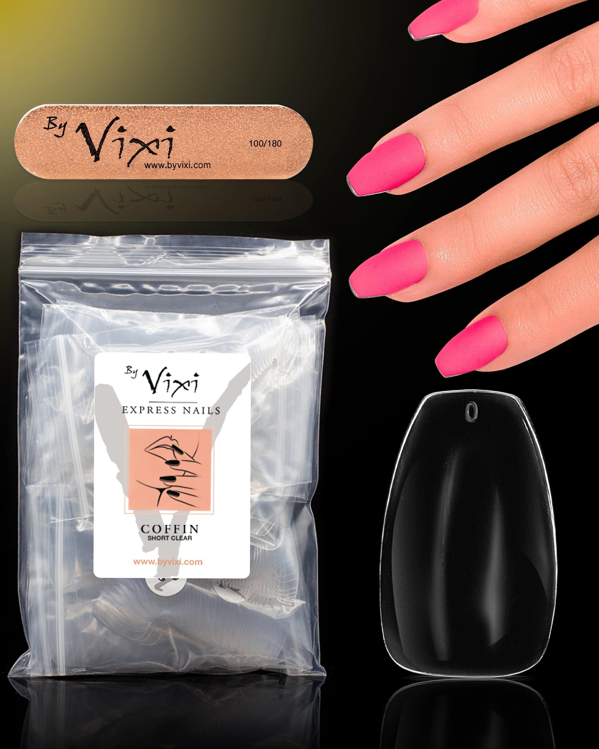 500 Short Coffin Press On Nails Set with By Vixi Prep File – Clear Full Cover False Nails, Stick On Fake Nail Tips, 10 Sizes, Acrylic Nail Extensions for Gel Polish & Nail Art