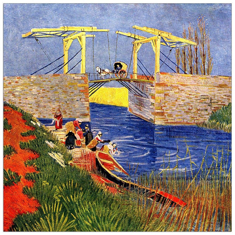 Deco murale Van Gogh Pont de Langlois cadre bois MDF salon moderne 50x50cm