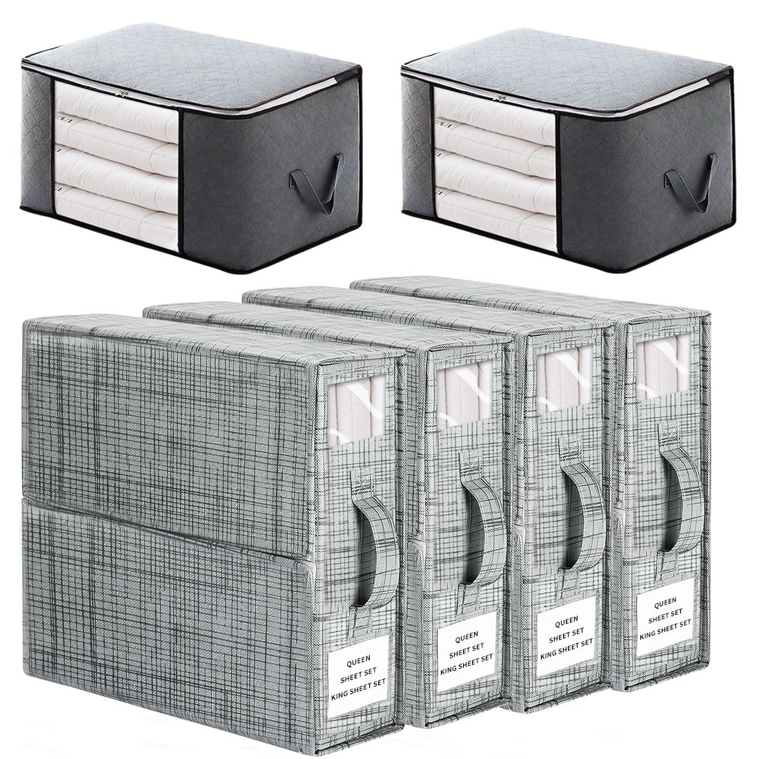 NEW NOAMBed Sheet Set Organizer 4 Pack, Foldable Storage Box for Duvet Cover Set with 2 Pack Clothes Storage Bags, Lids and Handle，Linen Closet Organizer for Bedding Clothes Blankets, Grey