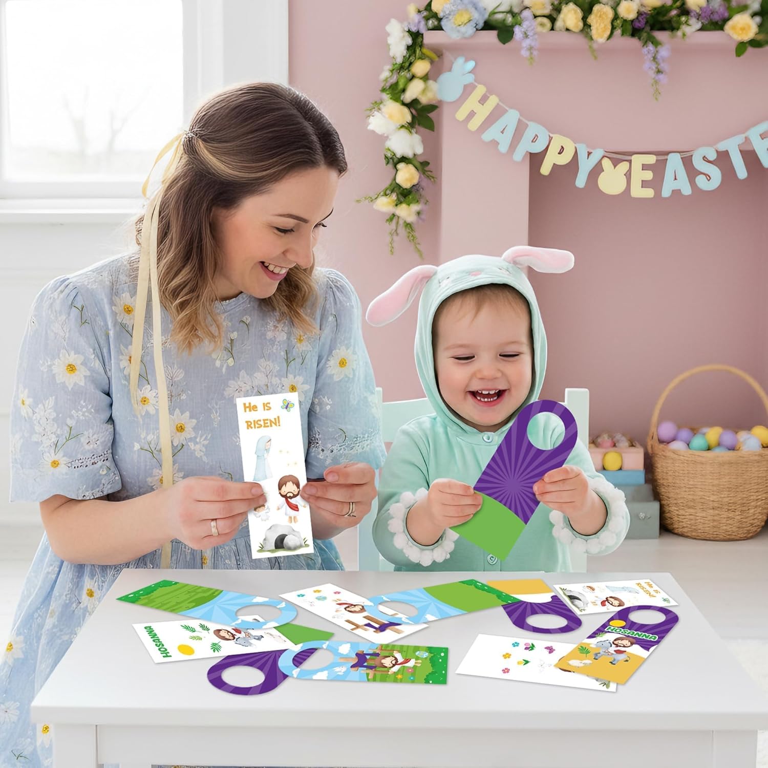 JAPBOR Easter Religious Sticker Craft Kit - 48PCS Make He Lives Jesus Scenes Doorknob Hanger Crafting for Kids Children, DIY Christian Resurrection Door Knob Art Project for Classroom Sunday School