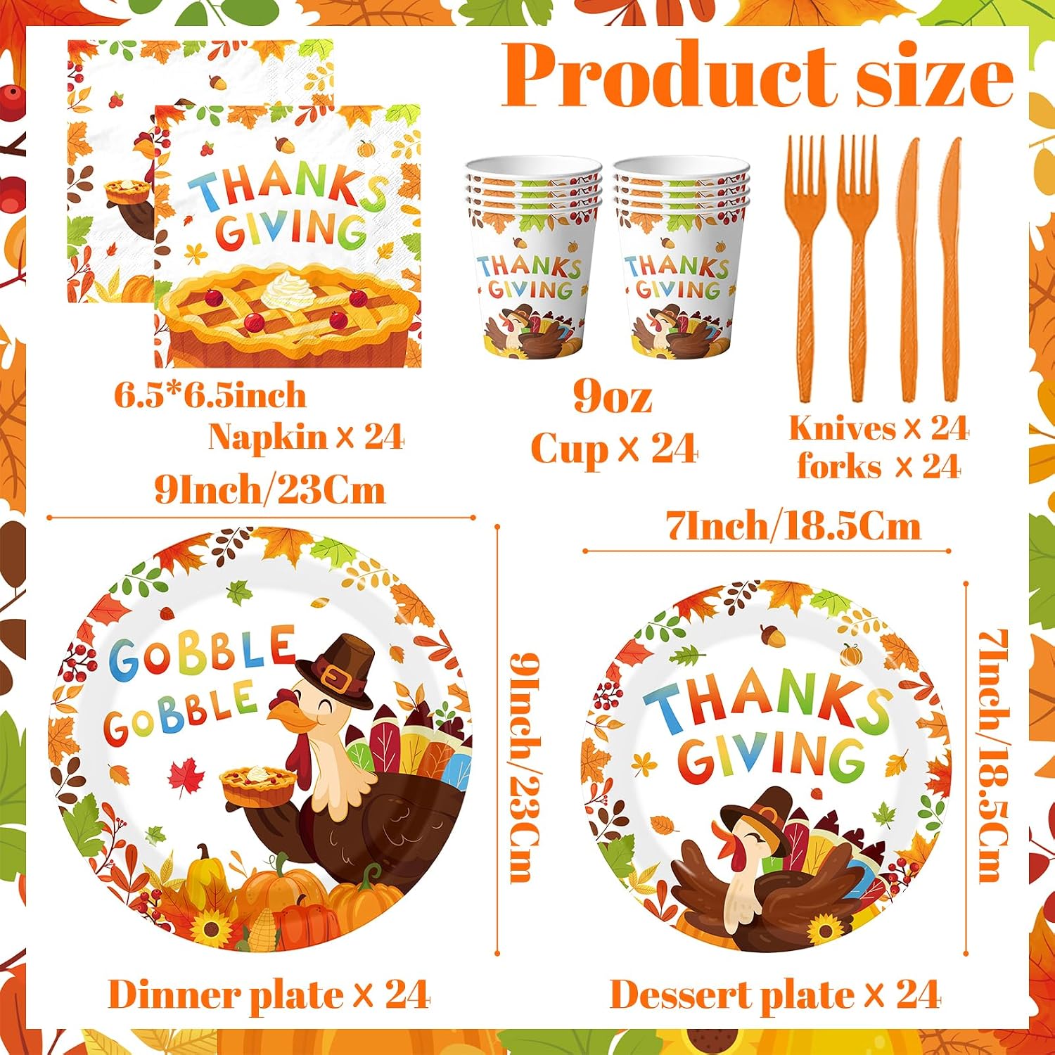 Thanksgiving Turkey Party Tableware Decorations Happy Thanksgiving Day Gobble Turkey Pie Disposable Paper Plates,Napkins,Cups,Forks and Knifes,Serve 24 for Autumn Themed Party Supplies Kit