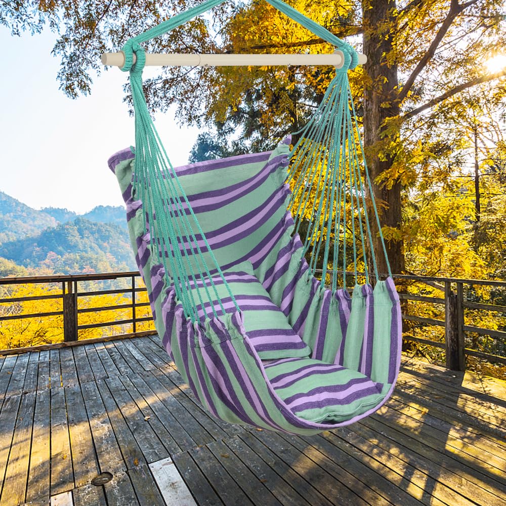 Large Hanging Swing Hammock Chairs,Cotton Woven Swing Chairs,Indoor & Outdoor Patio Hanging Swing Chair,Comfortable Porch Swing Chair,with Pillows,for