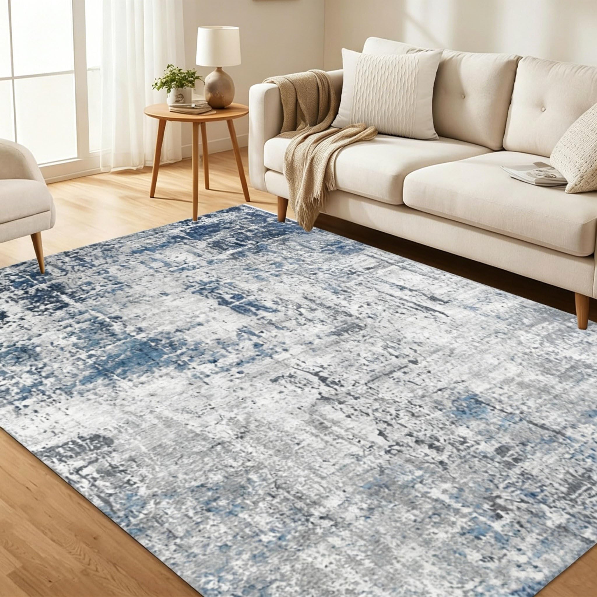 Tapis Salon 160x230cm, Tapis Moderne de Chambre à Coucher, Tapis de Salon Abstrait Antidérapant Lavable en Machine Tapis de Chambre Adulte Doux Poil Court pour Salon Bureau Intérieur (Gris et bleu)