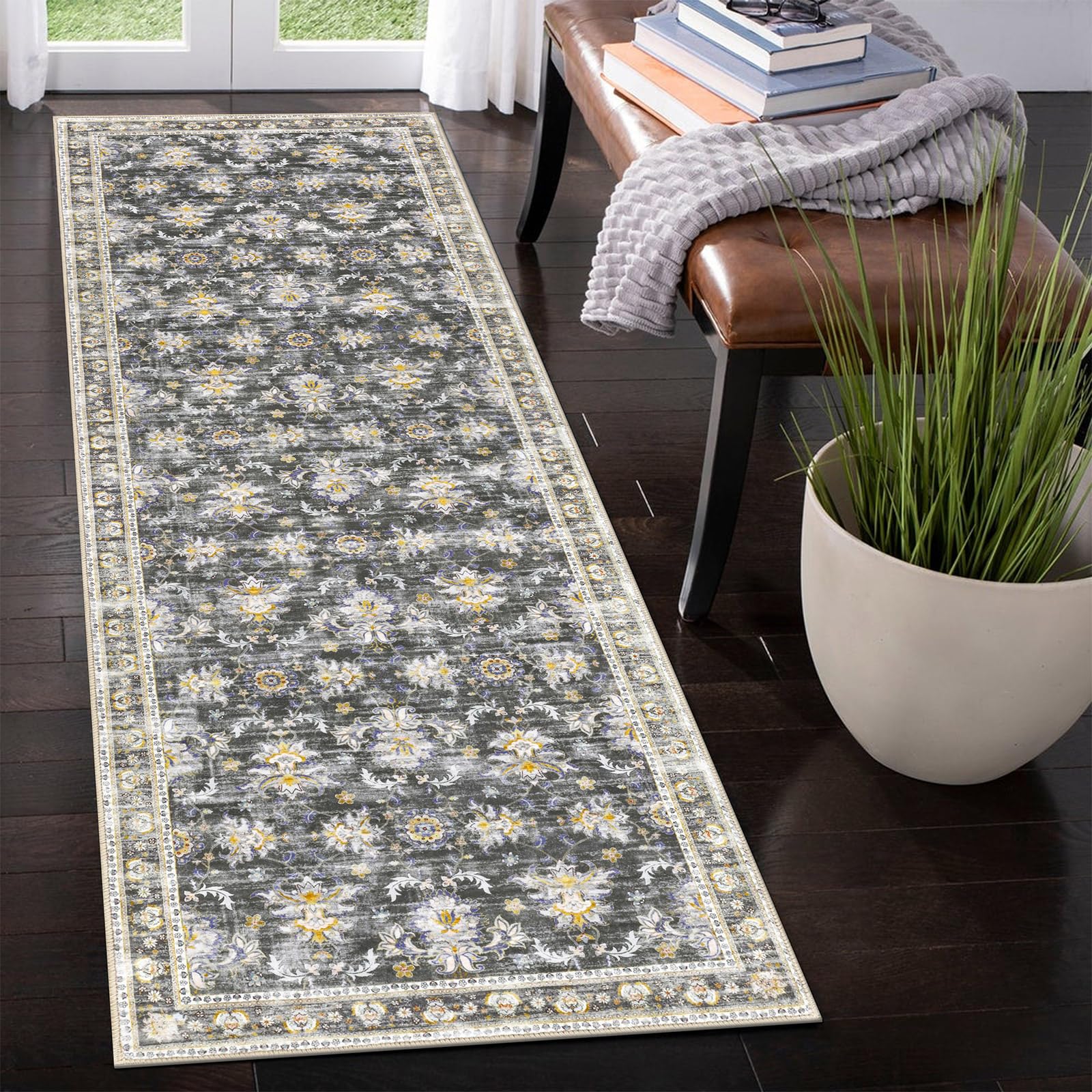 Ileading Vintage Boho Floral Runner Rug 2x6 Non Slip Kitchen Floor Mat Machine Washable Hallway Carpet Non-Shedding Soft Faux Wool Throw Rug for