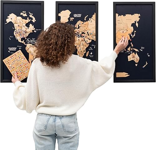 ENJOY THE WOOD Arte de pared enmarcado de mapa del mundo, decoración de viaje de madera, mapa del mundo 3D a bordo, 3 paneles, decoración rústica,
