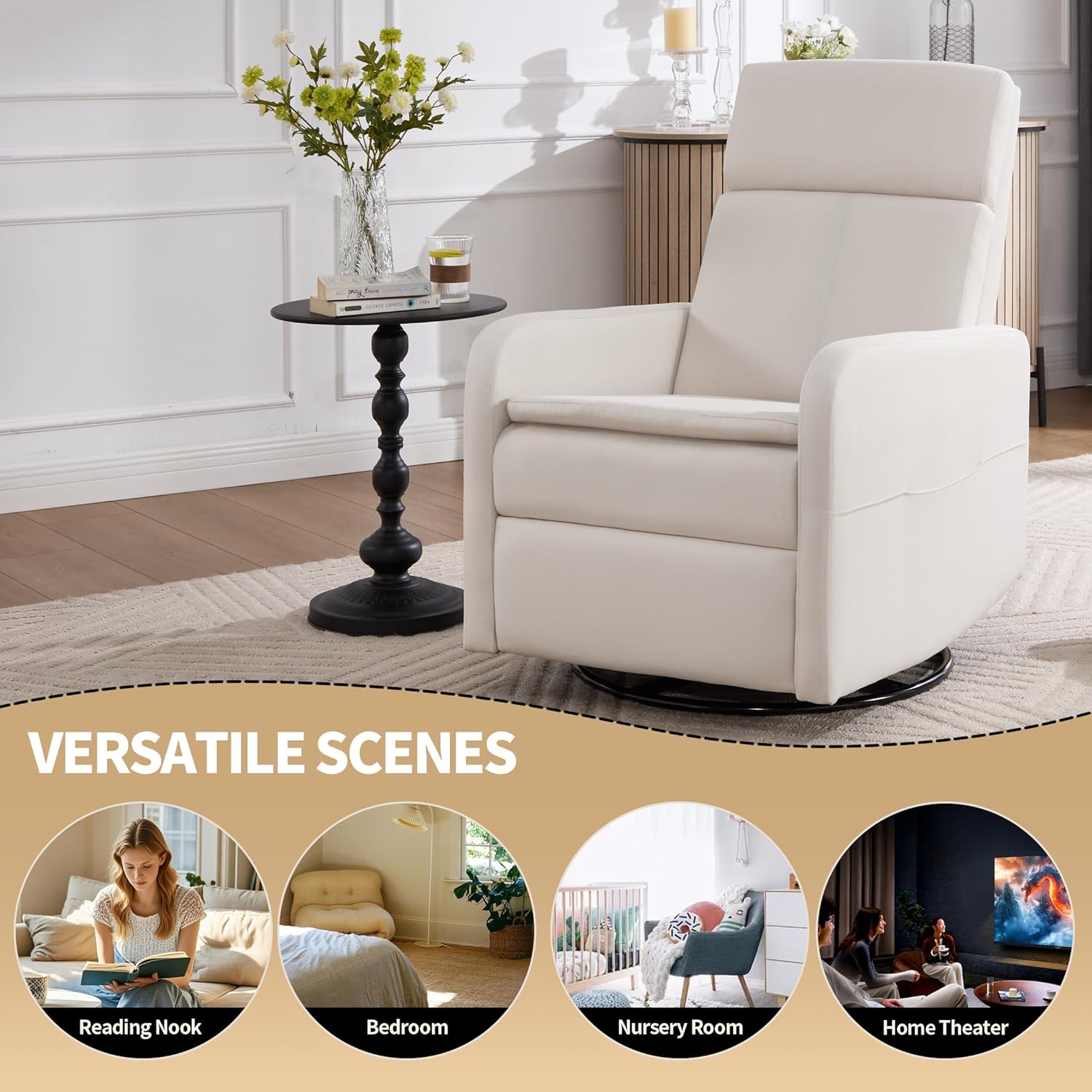 Swivel Rocking Recliner Chair for Adults, Upholstered Fabric Glider Recliner, Reclining Chair with Side Pockets and Double-Thick Cushion for Living Room Bedroom Nursery (Beige)