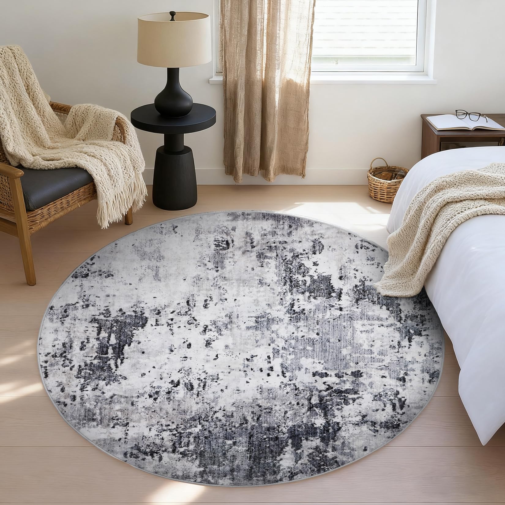 Tapis rond moderne gris 120 cm CAROMIO pliable pour salon et chambre
