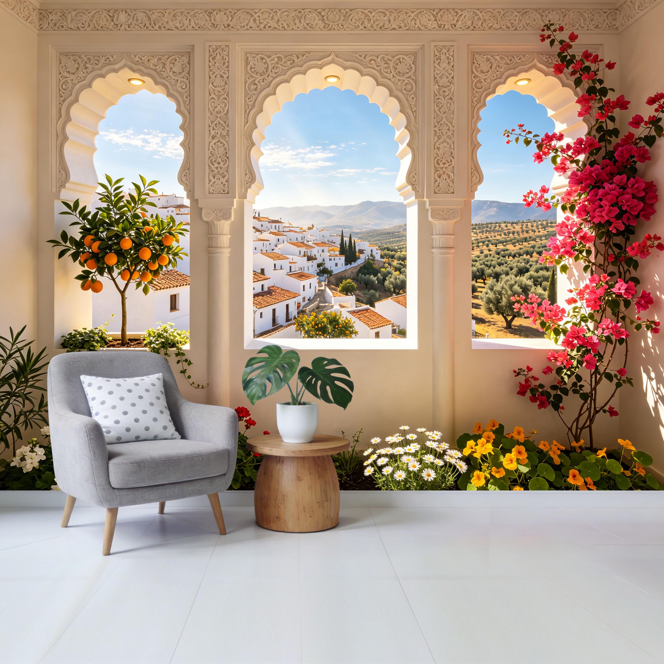 Custom Size Wall Mural Mediterranean Landscape Arch View with Flowers and Orange Tree Removable Self Adhesive Fabric Home Wall Decor for Living Room Bedroom Bathroom