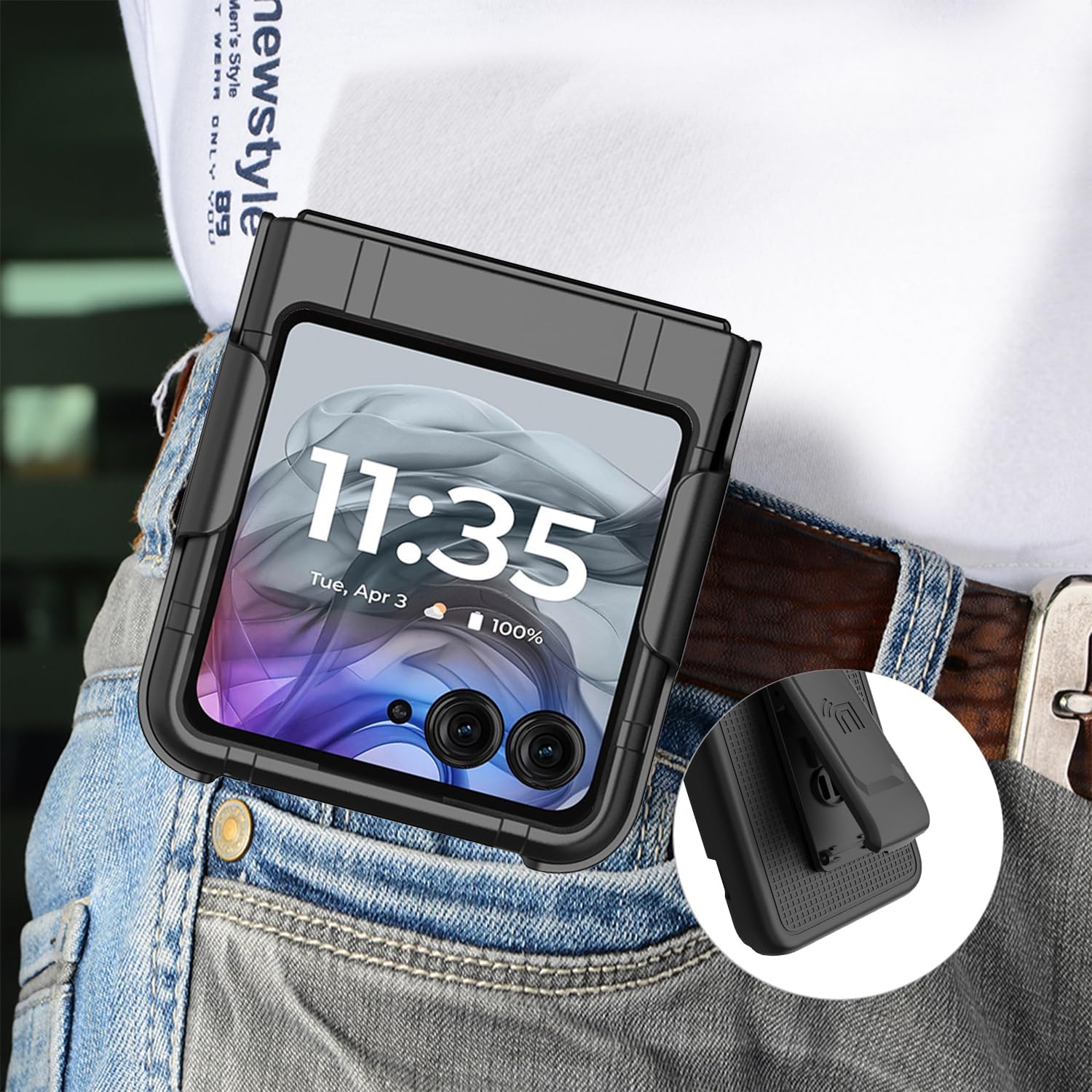 Case with Clip for Motorola RAZR (2024/2025) Flip Phone, Nakedcellphone Textured Slim Hard Shell Cover and [Rotating/Ratchet] Belt Hip Holster Holder Combo - Black