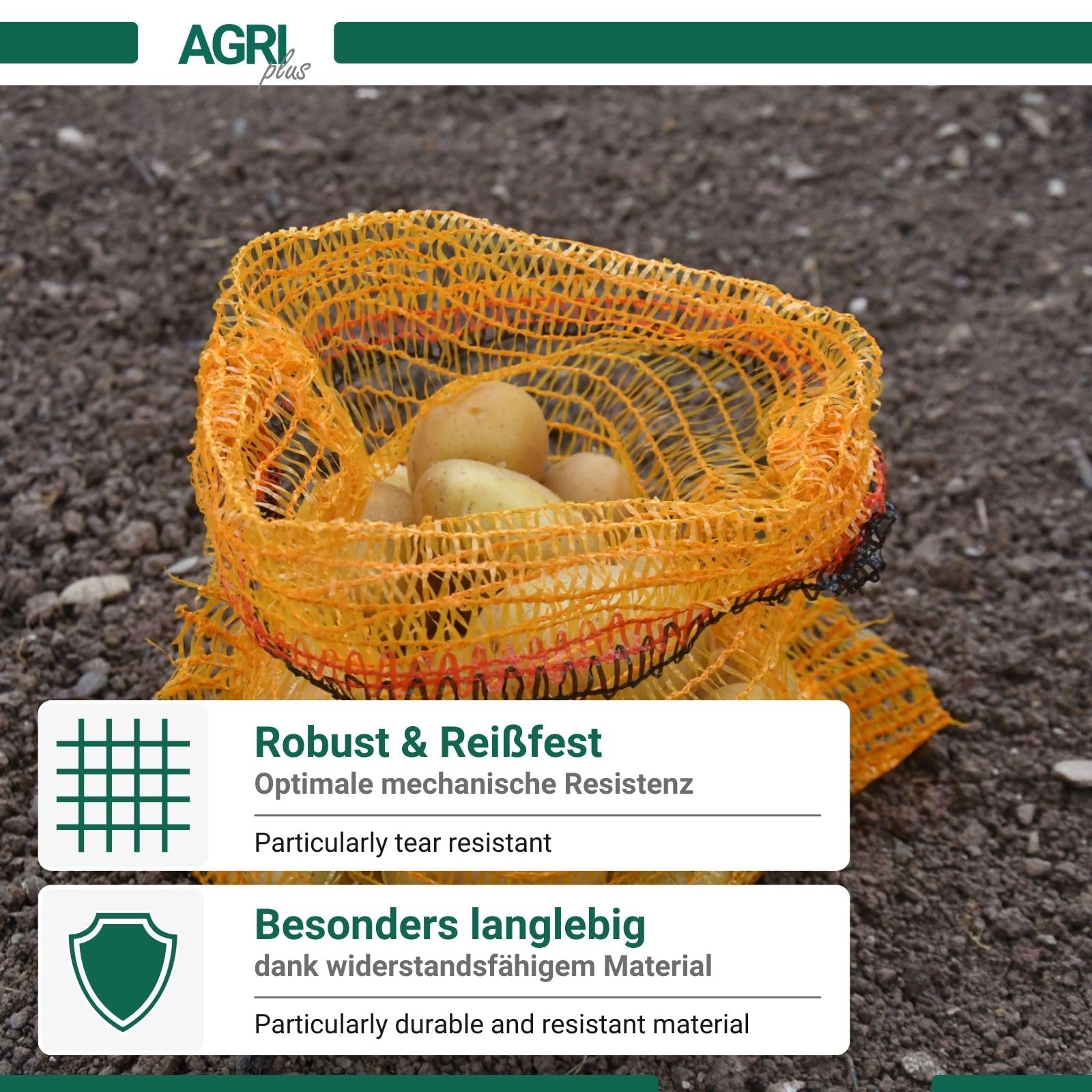 AGRI plus 100 Stück Gemüsesäcke grün mit Zugband I 50 x 80 cm I verschiedene Größen I Grobmaschige Raschelsäcke mit 20 kg Volumen I Aufbewahrungssäcke für Weißkohl, Rosenkohl & Obst